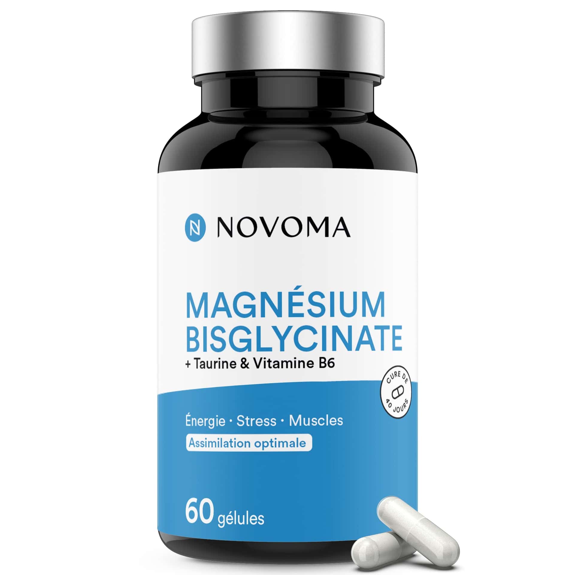 NOVOMA Magnésium Bisglycinate + Taurine & Vitamine B6, Haute Teneur 300mg /j, 60 g