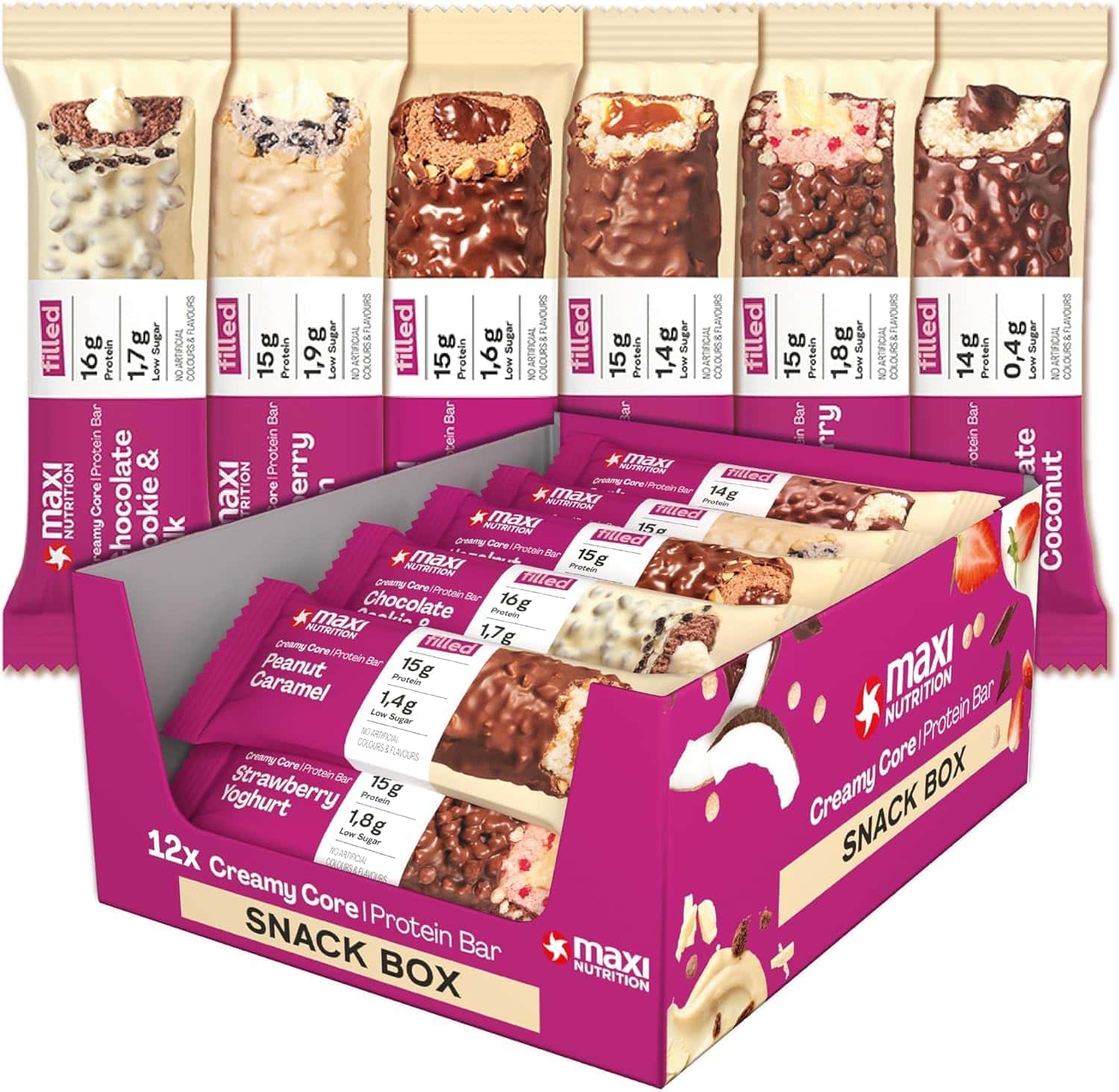 MaxiNutrition Creamy Core Bar MIX BOX, 6 Sorten (12 Riegel x 45 g
