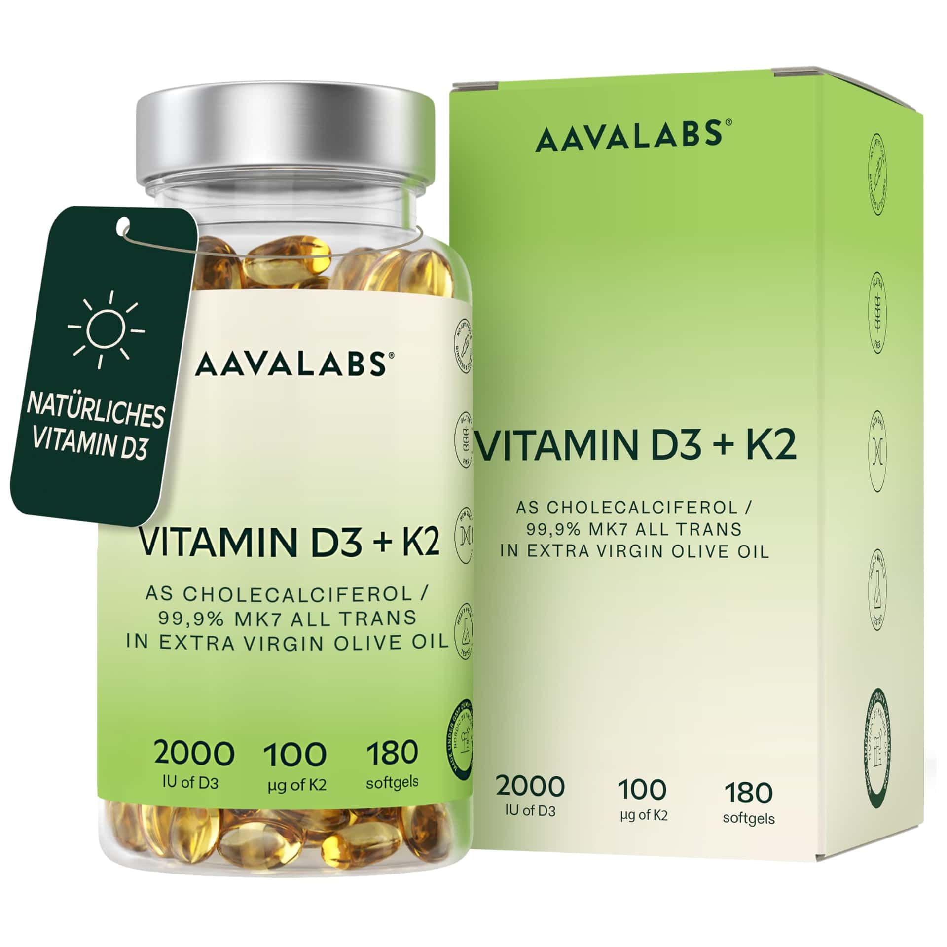 Vitamin D3 K2 MK7 (99.9% All-Trans) with Extra Virgin Olive