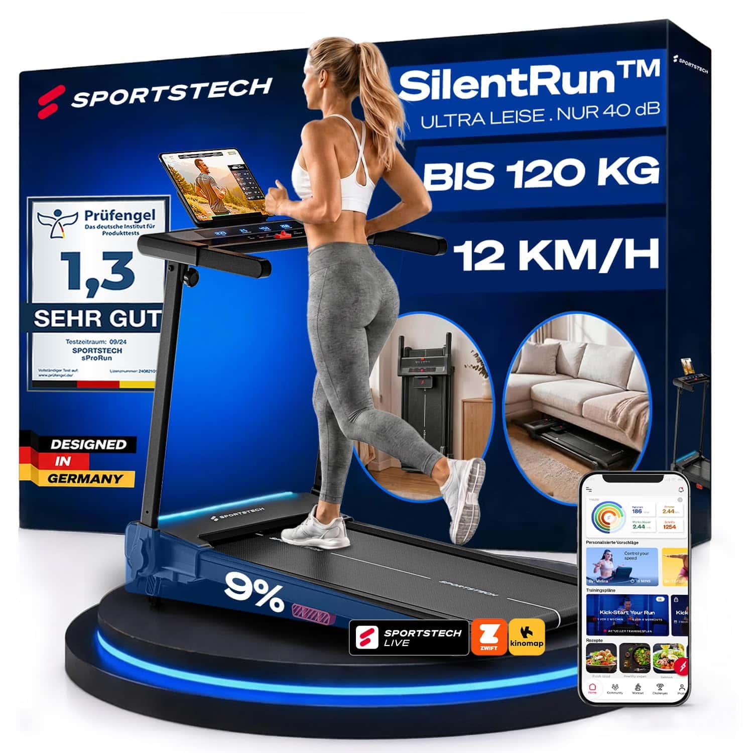 Sportstech Elektrisches Laufband - Klappbar mit 9% Steigung - Stabil bis 120 kg