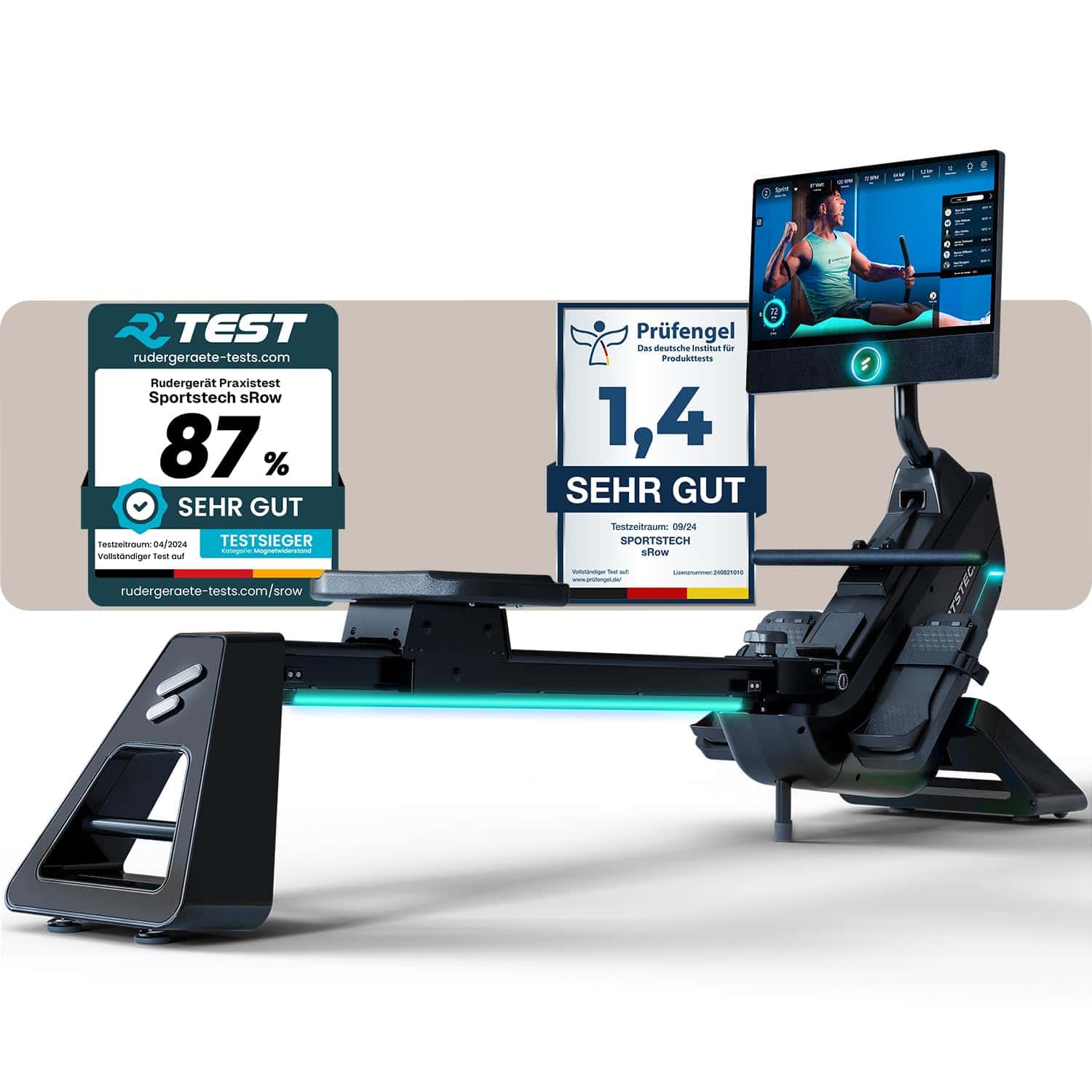 Sportstech Premium Rudergerät für zuhause + 21.5" Touch