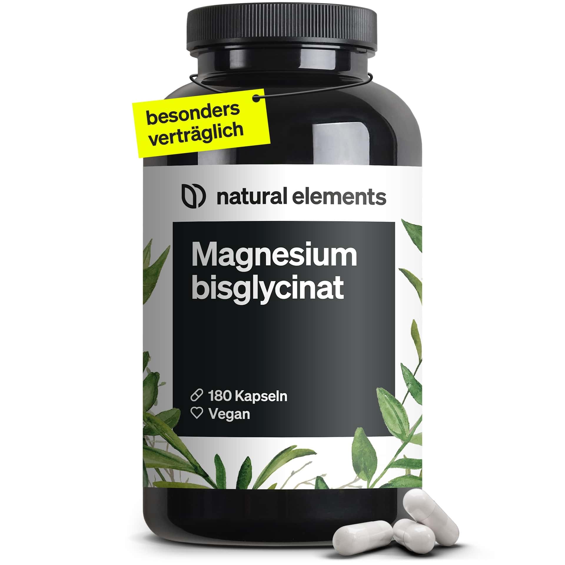 natural elements Magnesiumbisglycinat - Premium: Chelatiertes Magnesium - 180 Kapseln