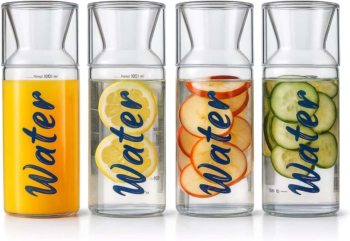 Hombella 1 Liter Glaswasserflasche mit Becherdeckel