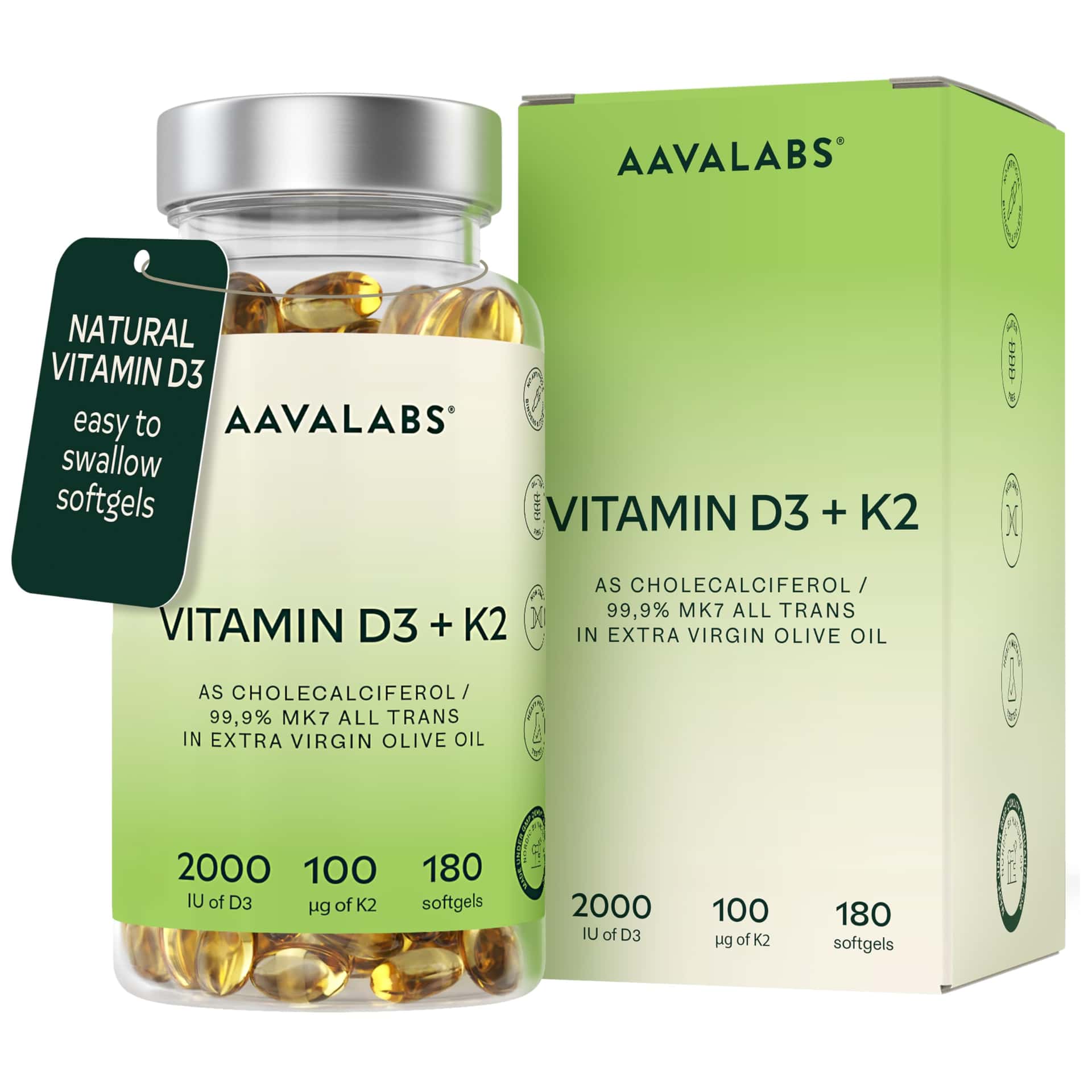 Vitamin D3 K2 MK7 (99.9% All-Trans) with Extra Virgin Olive