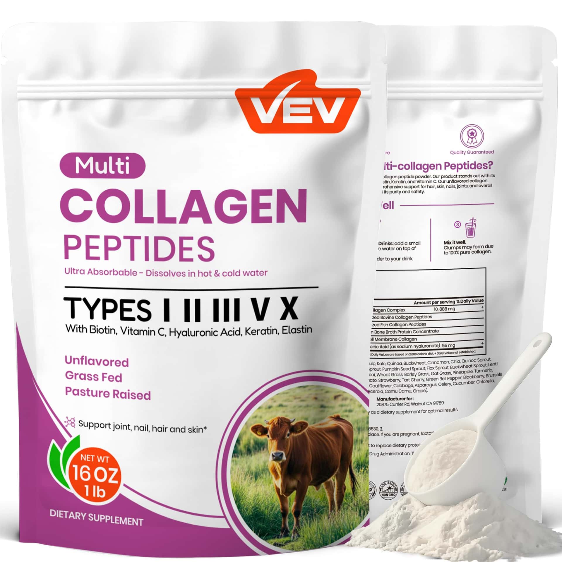 VEV Multi Collagen Peptides Powder, 16 oz