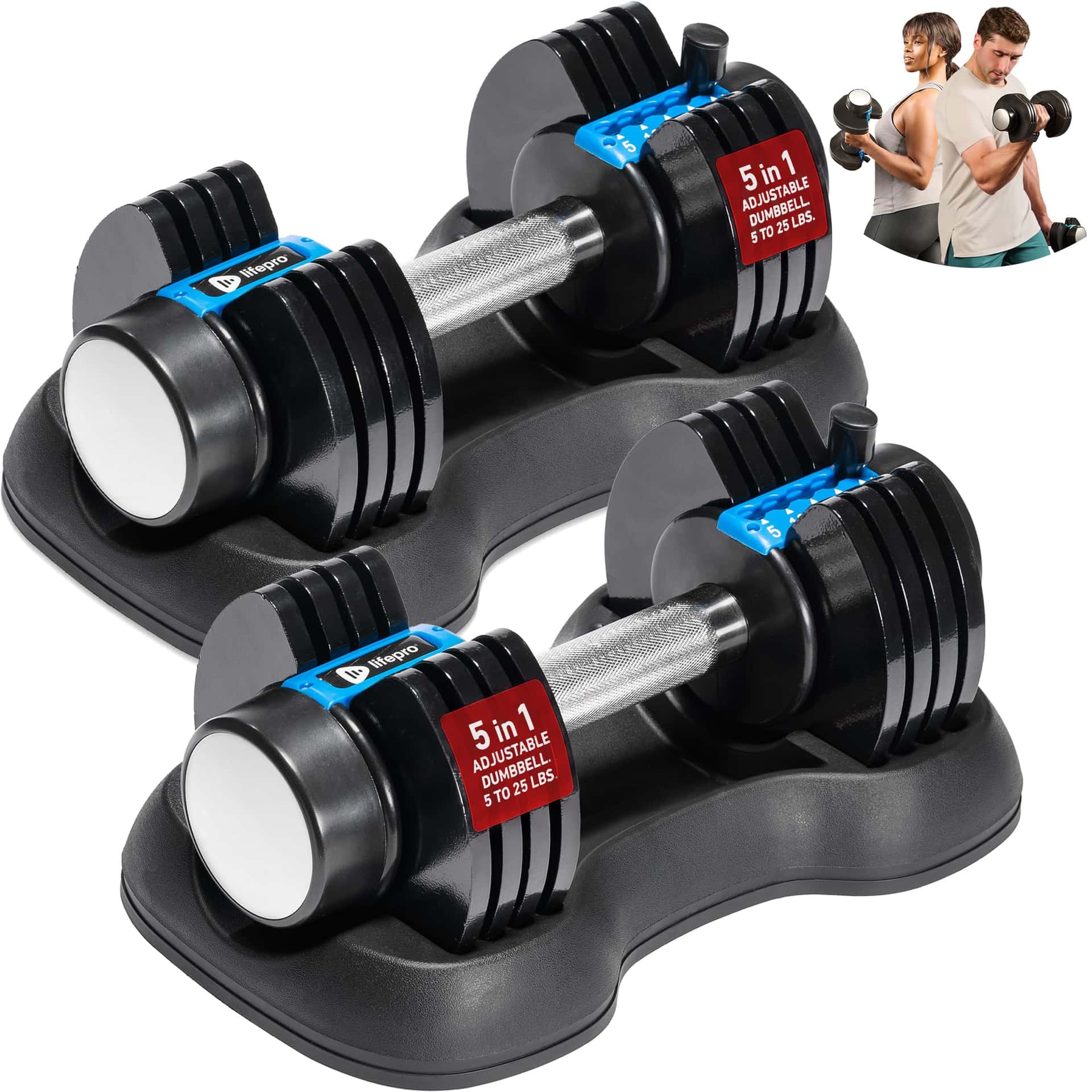 LifePro Powerflow Plus Adjustable Dumbbell Set of 2 with Rack – 5 to 25 lb