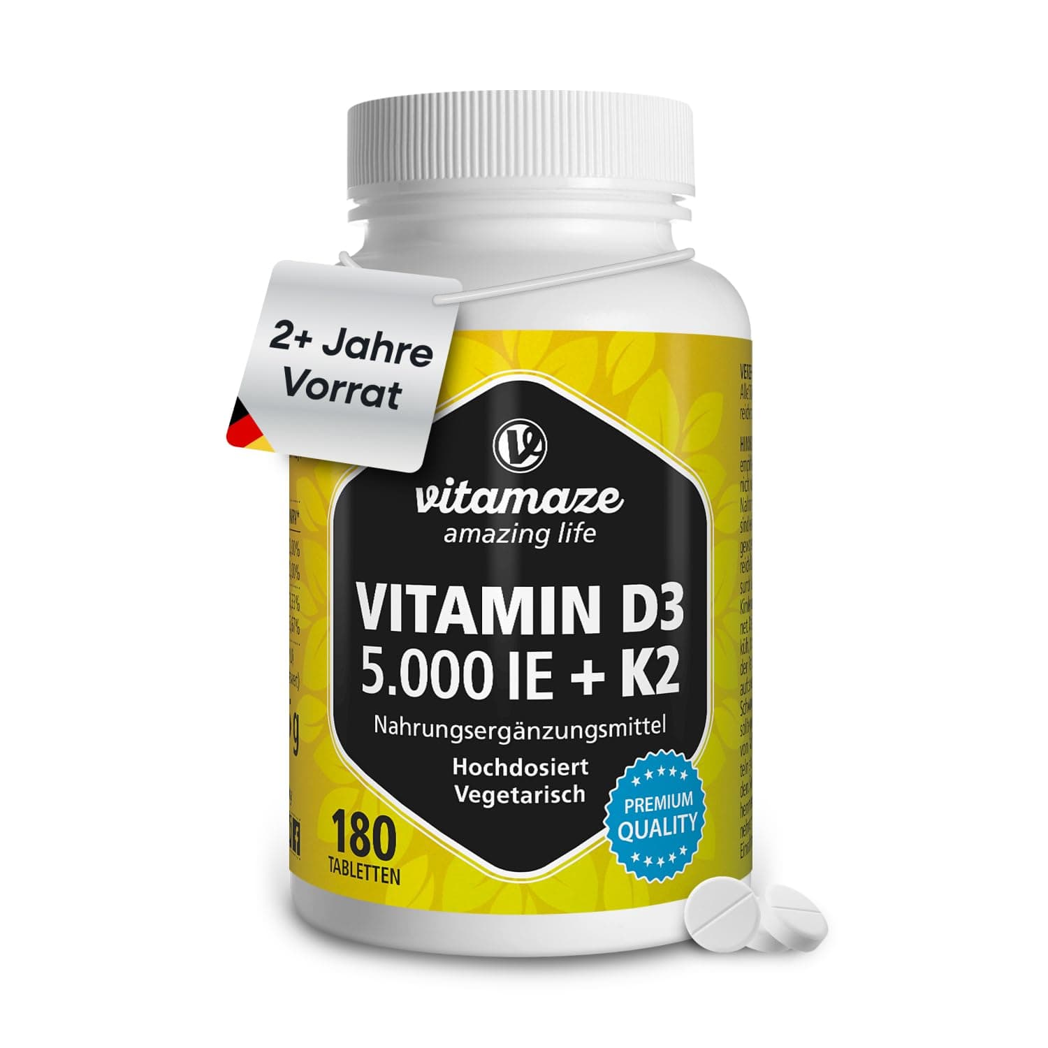 Vitamaze - amazing life Vitamin D3 K2 5000 IE mit Vitamin K2 MK7 All Trans Form, 2+ Jahre Vorrat, 180 Tabletten