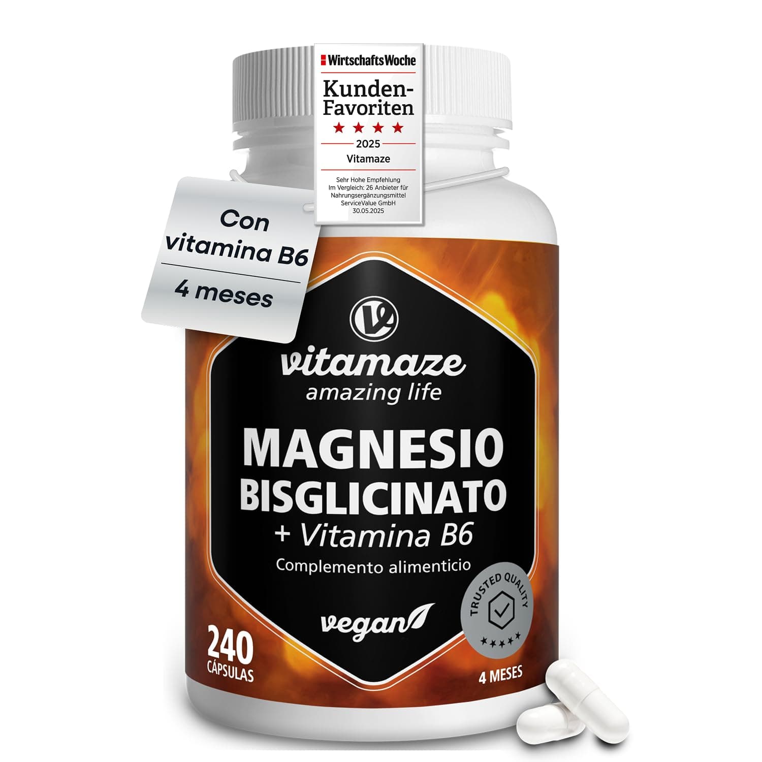 Vitamaze - amazing life Magnesio Bisglicinato + B6 (4 Meses) 240 Cápsulas