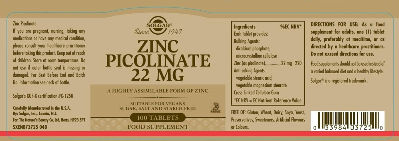 Solgar Zinc Picolinate 22 Mg Tablets – Bild 2