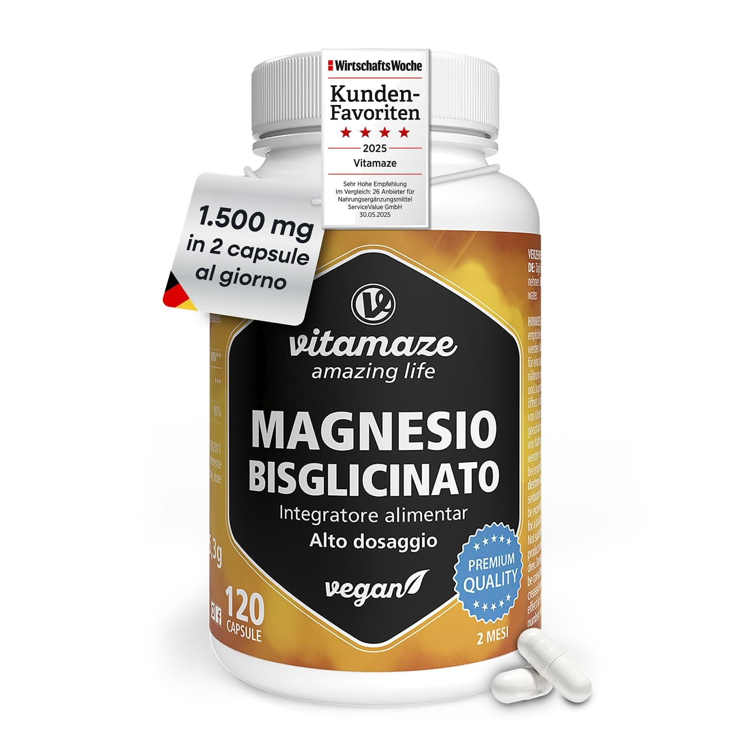 Vitamaze - amazing life Magnesio Bisglicinato 1500 mg in sole 2 capsule piccole al