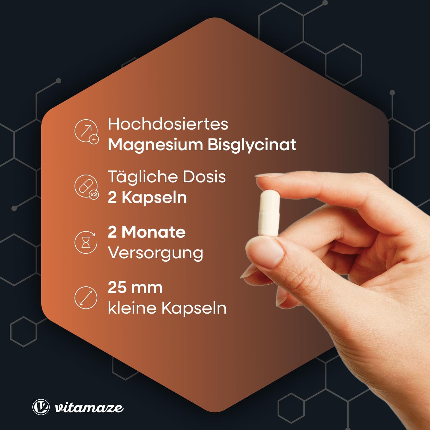 Vitamaze - amazing life Magnesium Bisglycinat Kapseln hochdosiert, 1500 mg in nur 2 Kapseln – Bild 3