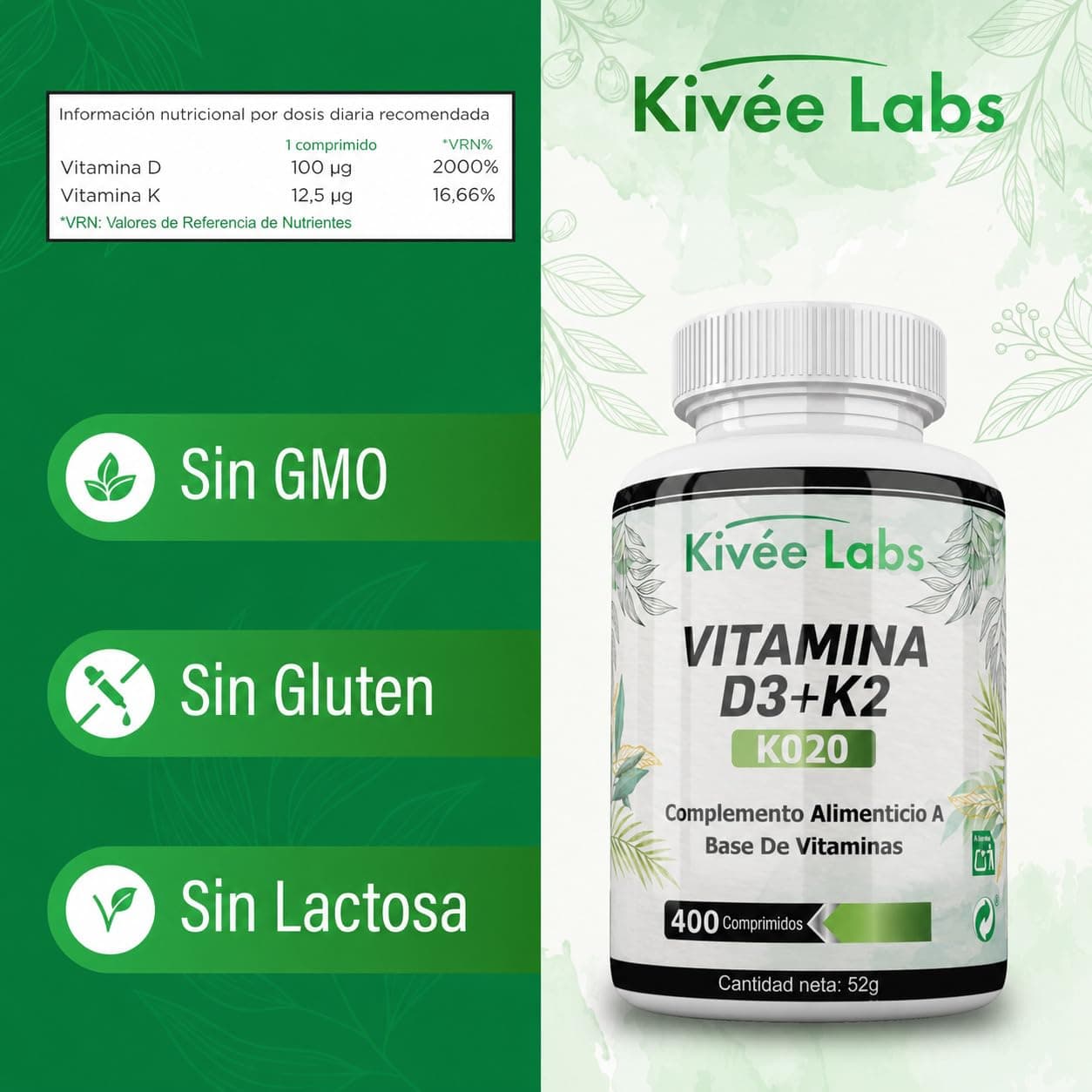 KivéeLabs 400 Micro Comprimidos Vitamina D3 y K2 4000 UI Dosis Alta – Bild 5