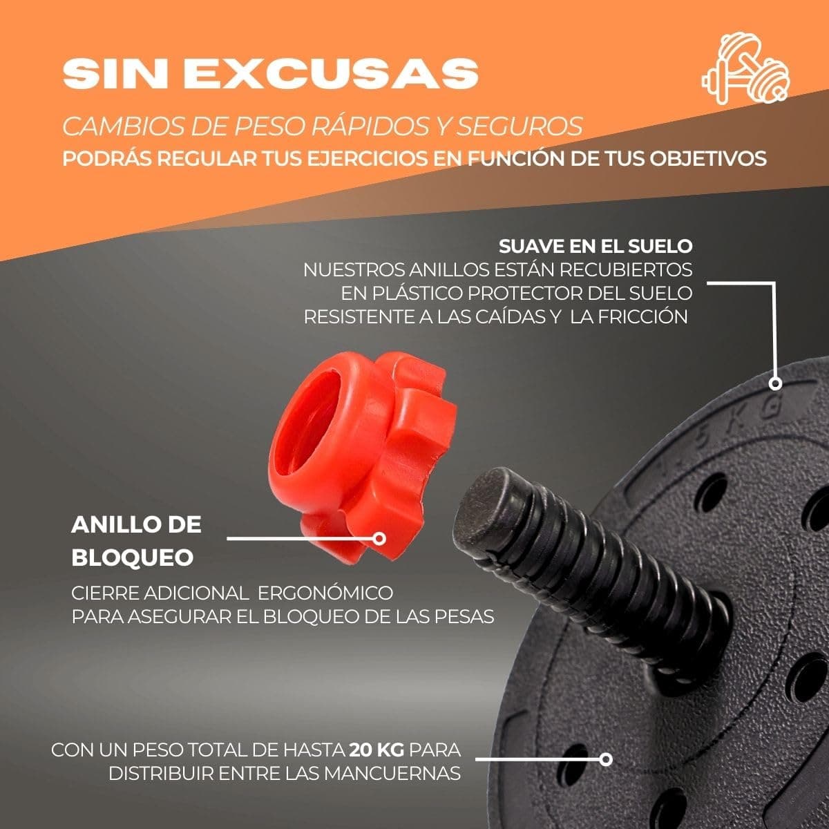 Mobiclinic ® fitness, Mancuernas ajustables, 2 en 1, Extenfit, Peso de 2-20 kg – Bild 5