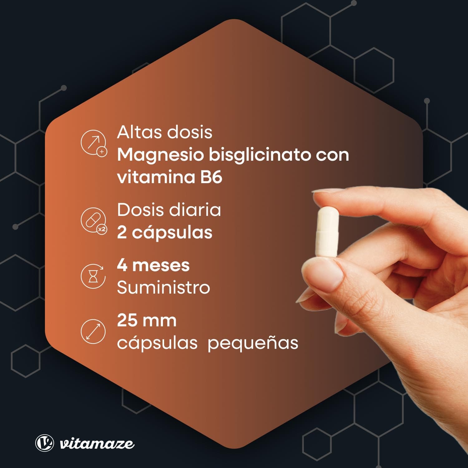 Vitamaze - amazing life Magnesio Bisglicinato + B6 (4 Meses) 240 Cápsulas – Bild 3