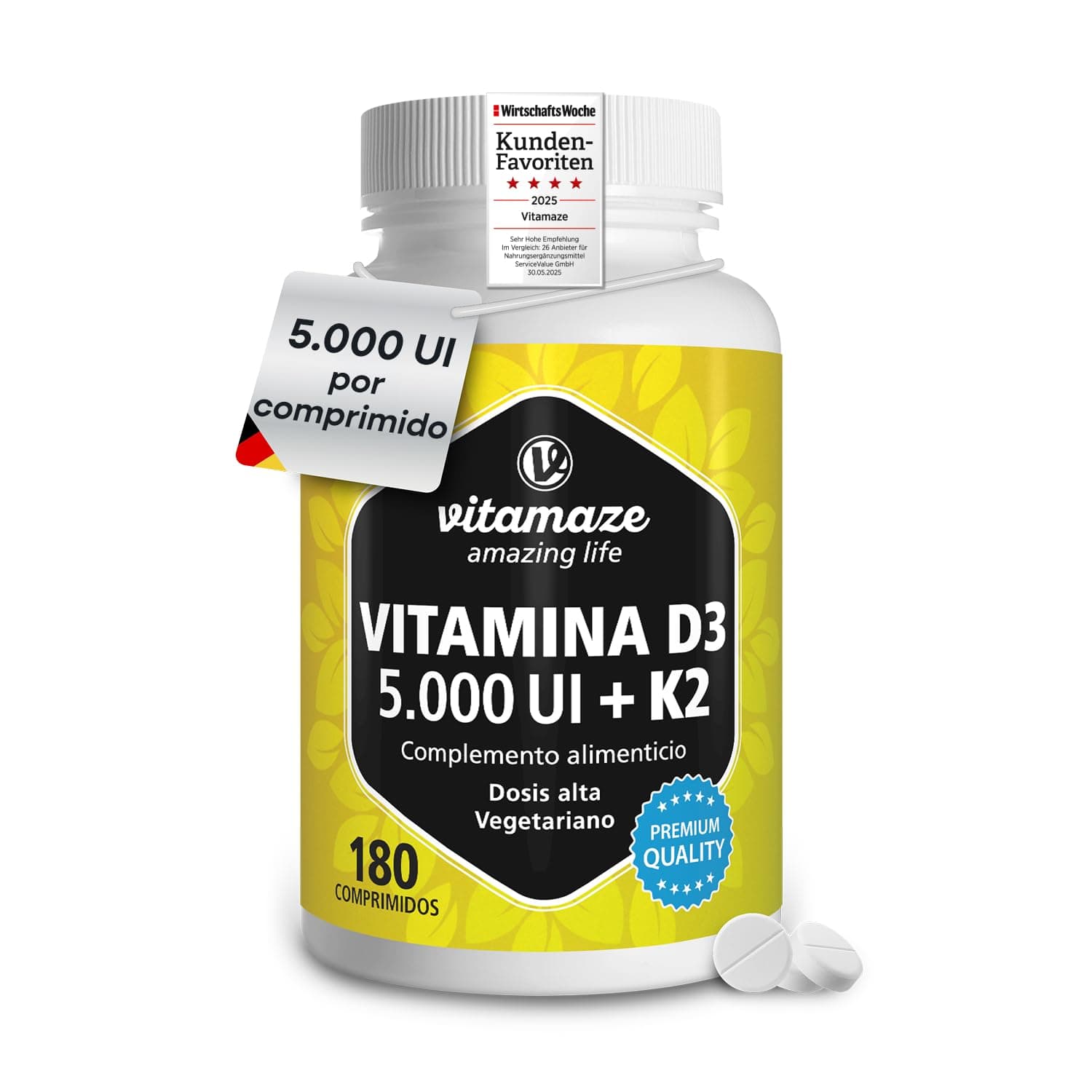 Vitamaze - amazing life Vitamin D3 K2 5000 IE mit Vitamin K2 MK7 All Trans Form, 2+ Jahre Vorrat, 180 Tabletten
