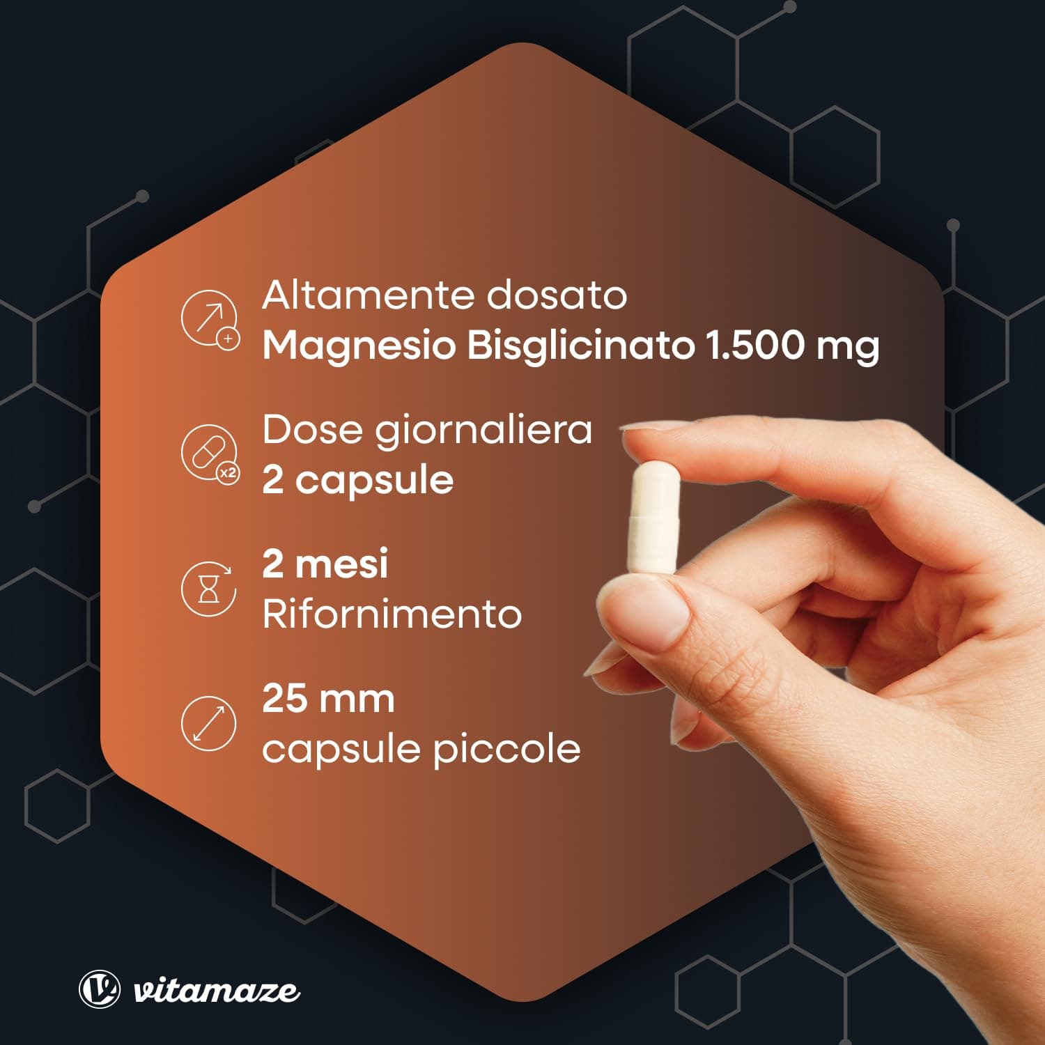 Vitamaze - amazing life Magnesio Bisglicinato 1500 mg in sole 2 capsule piccole al – Bild 2