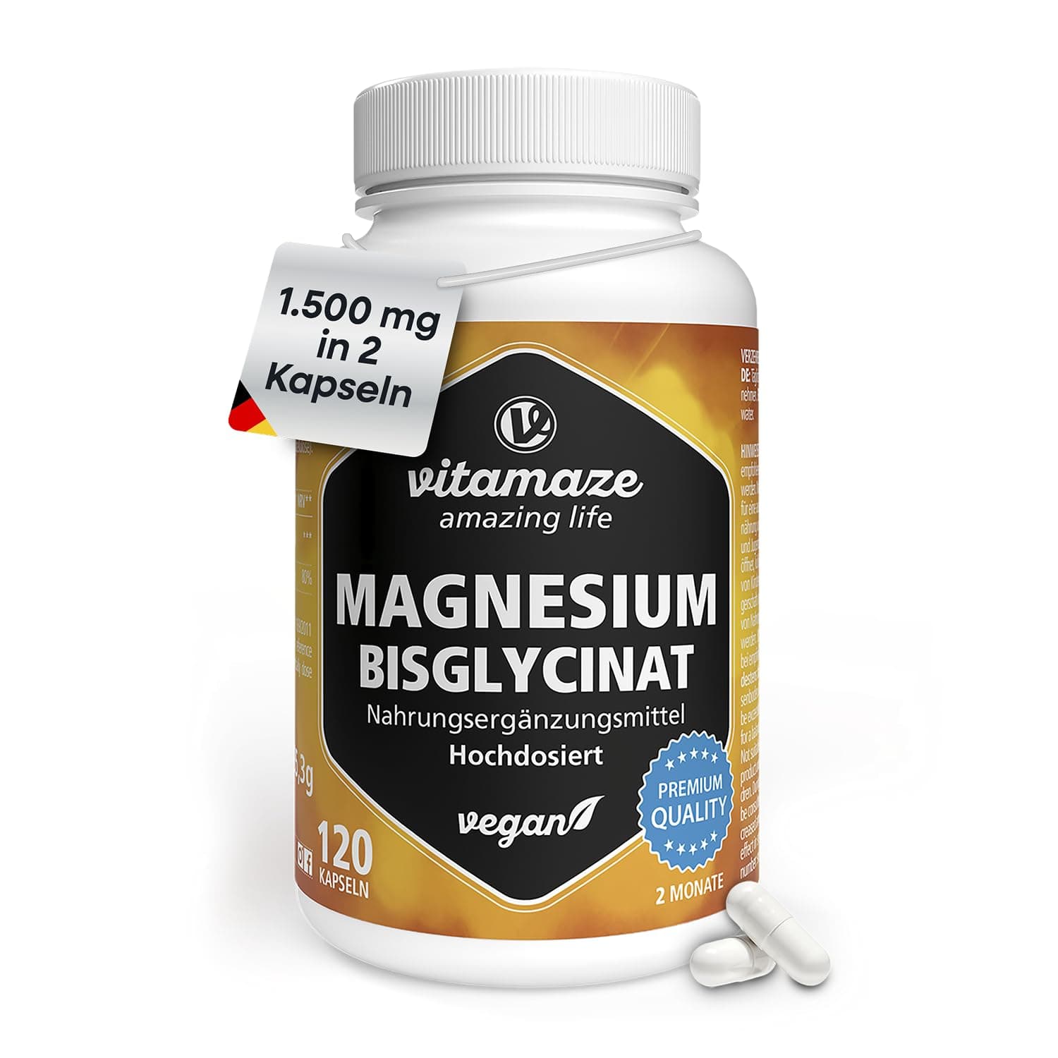 Vitamaze - amazing life Magnesium Bisglycinat Kapseln hochdosiert, 1500 mg in nur 2 Kapseln