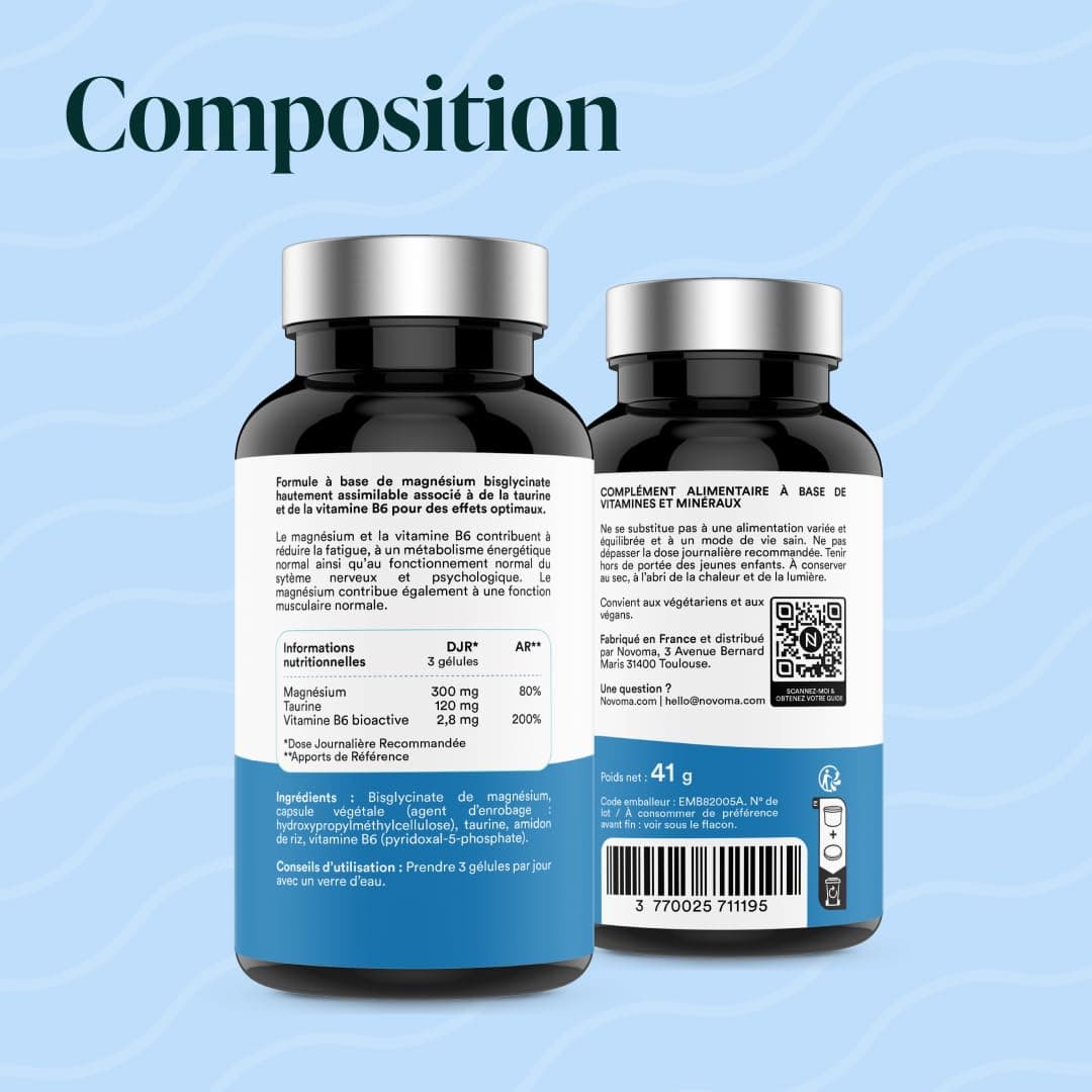 NOVOMA Magnésium Bisglycinate + Taurine & Vitamine B6, Haute Teneur 300mg /j, 60 g – Bild 7