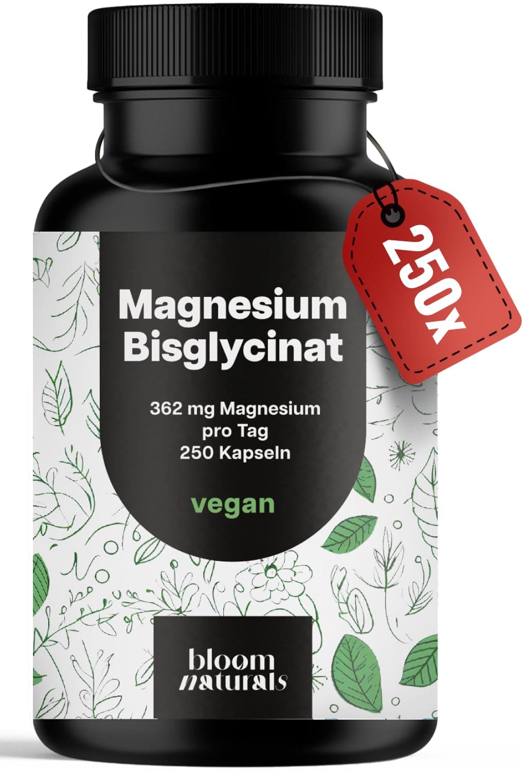 Bloom Naturals Beauty Supplements Magnesium Bisglycinat Hochdosiert - 250 Kapseln
