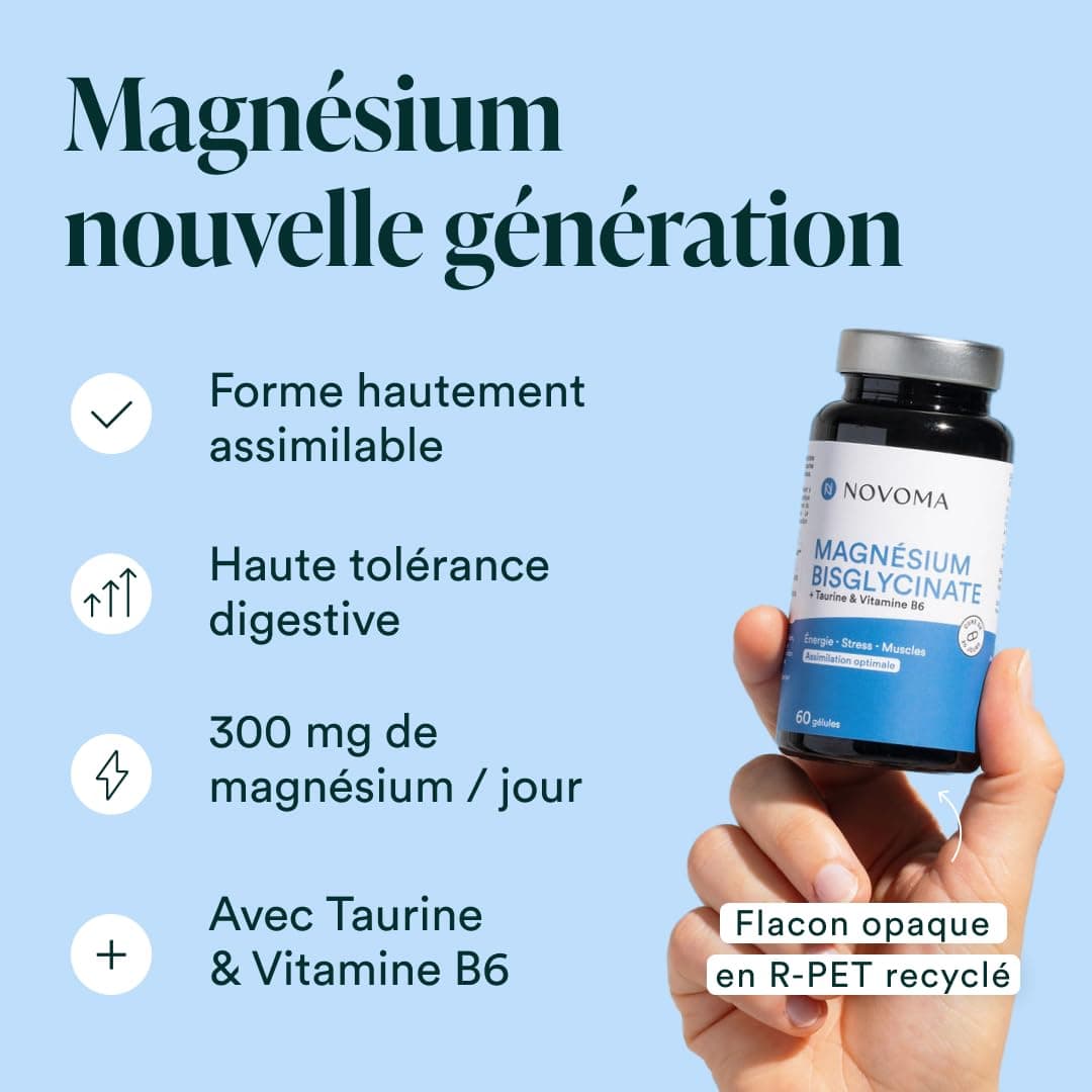 NOVOMA Magnésium Bisglycinate + Taurine & Vitamine B6, Haute Teneur 300mg /j, 60 g – Bild 3