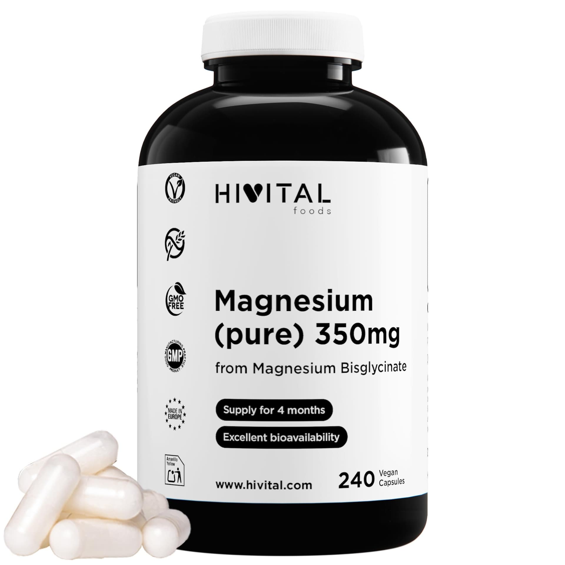 Hivital Foods Magnesio puro 350 mg procedente de Bisglicinato de