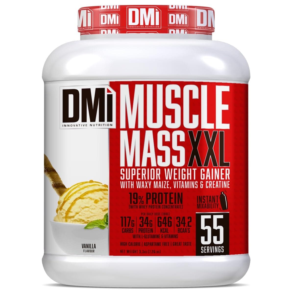 DMI INNOVATIVE NUTRITION MUSCLE MASS XXL - SUPERIOR WEIGHT GAINER (Strawberry, 7 KG