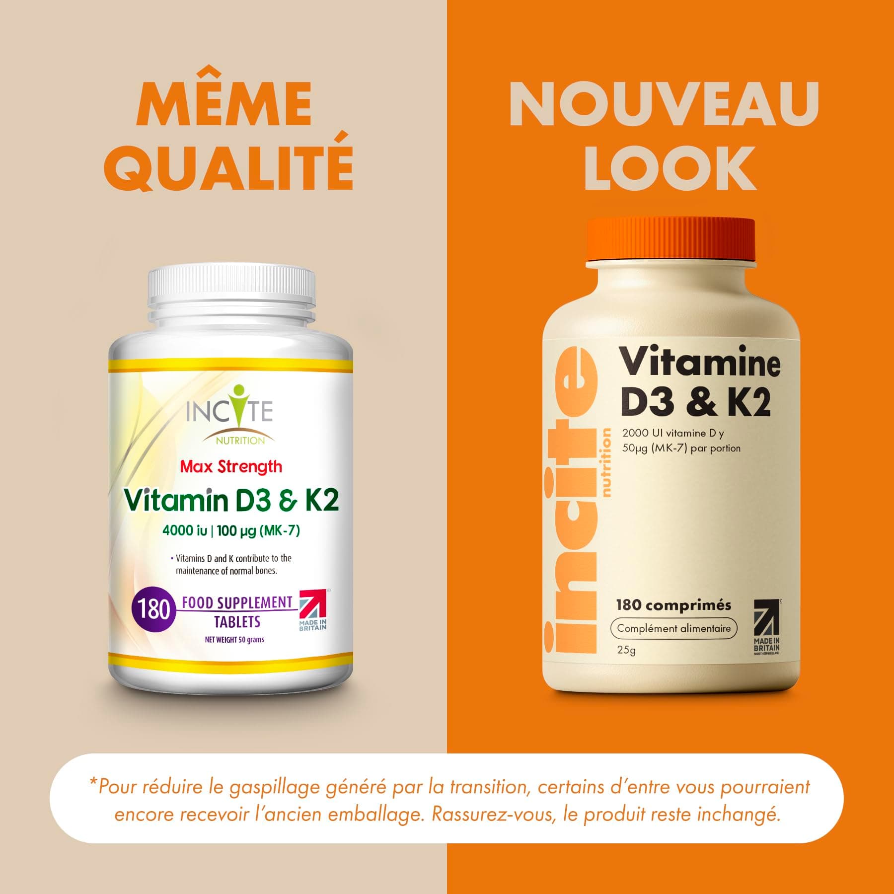 Incite Nutrition Vitamine D3 2000 UI + K2 (MK7) 100 µg – 180 Comprimés – Bild 2