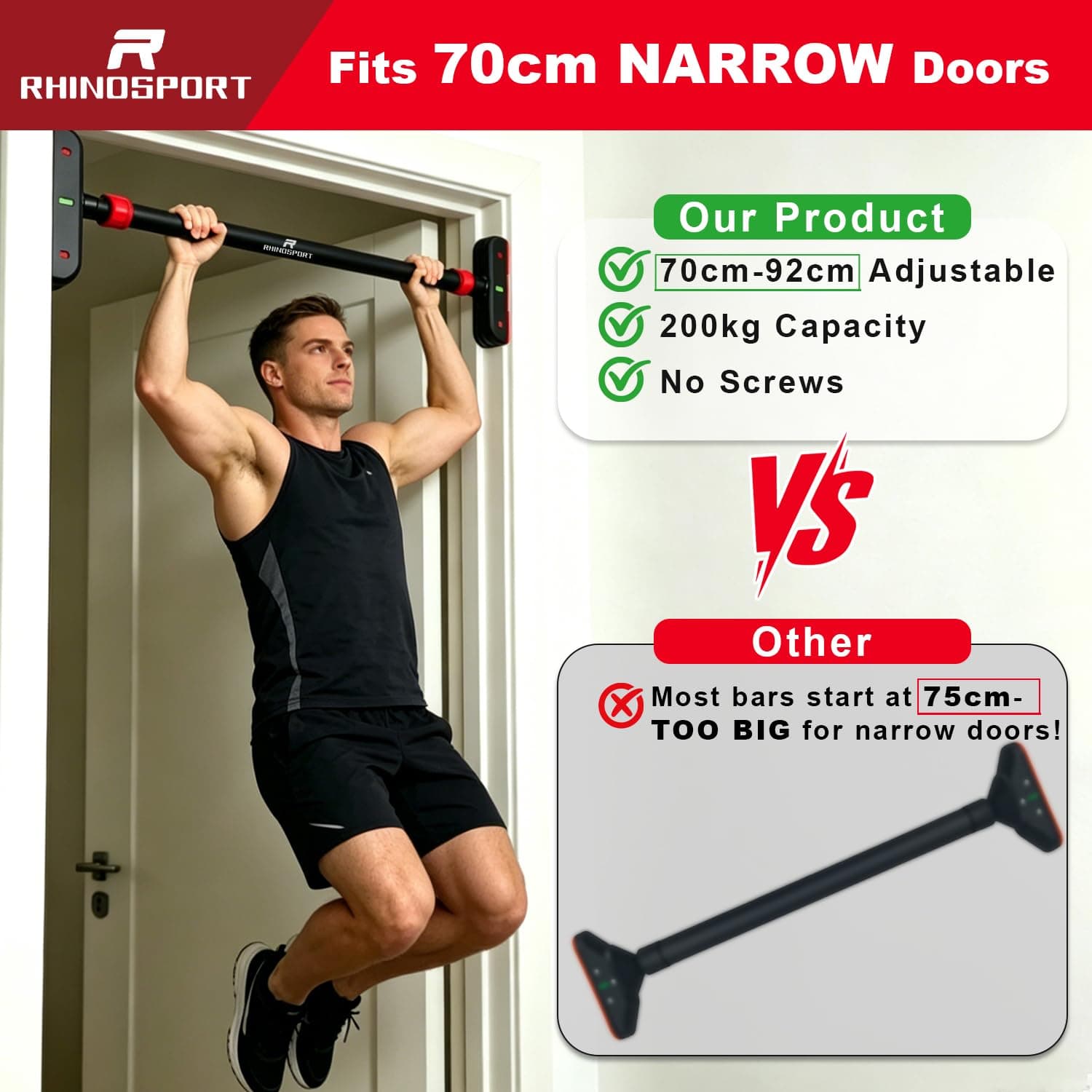 RHINOSPORT Door Pull Up Bar Doorway Strength Training Chin – Bild 2