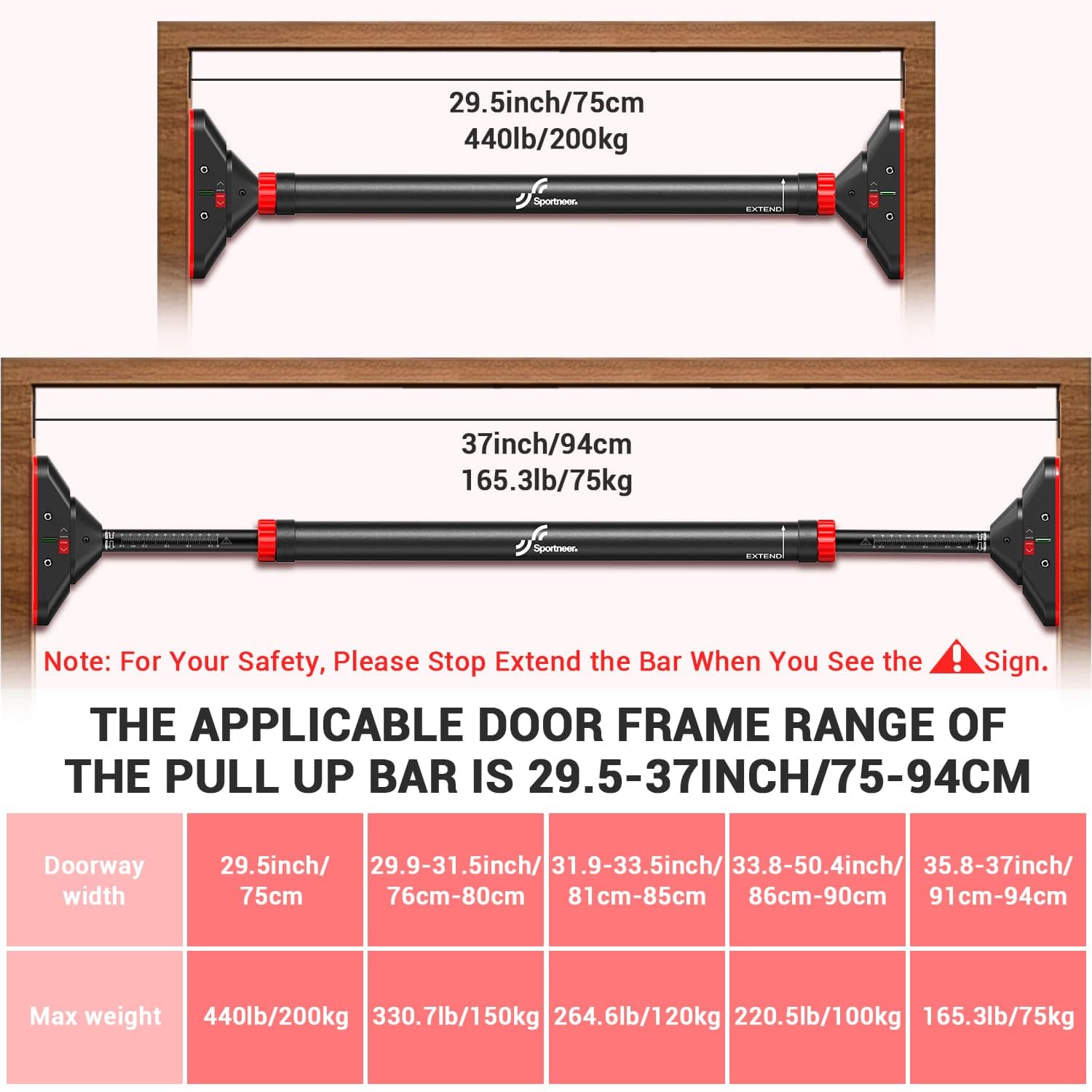 Sportneer Klimmzugstange Türrahmen, Pull Up Bar Tragkraft bis 200 Kg – Bild 3