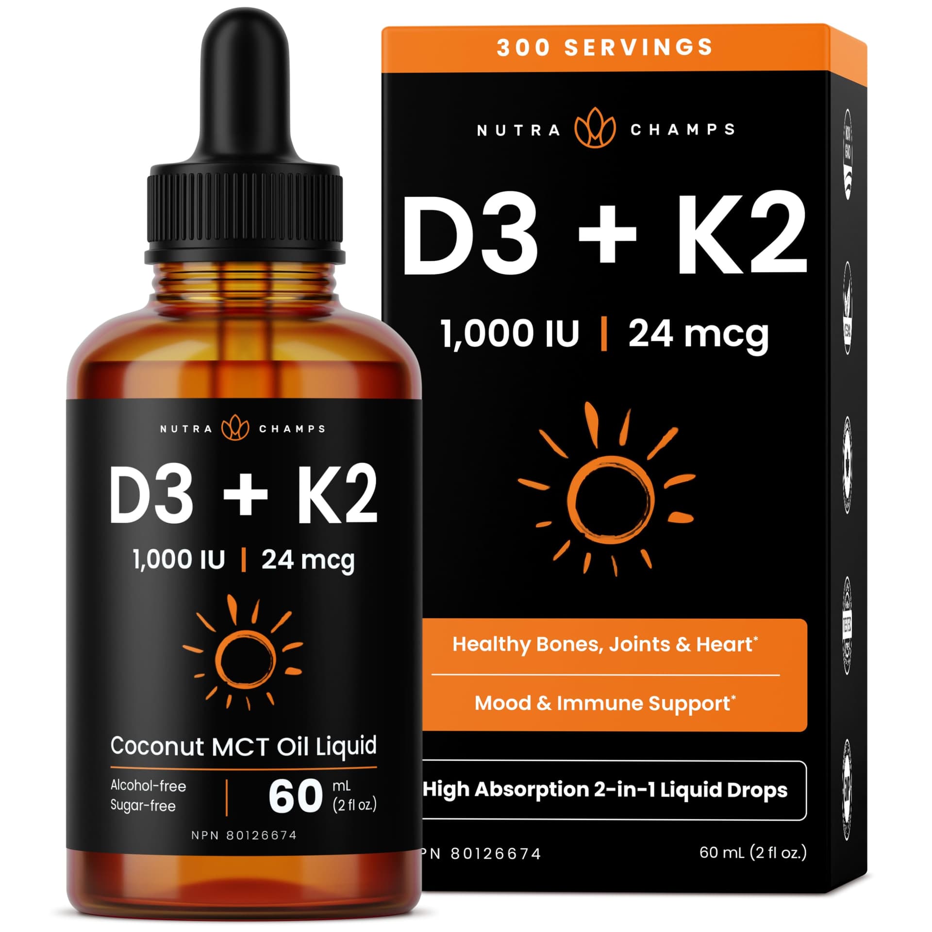 NutraChamps Vitamin D3 K2 Drops for Kids & Adults | 1000 IU D3 Per 0.2ml