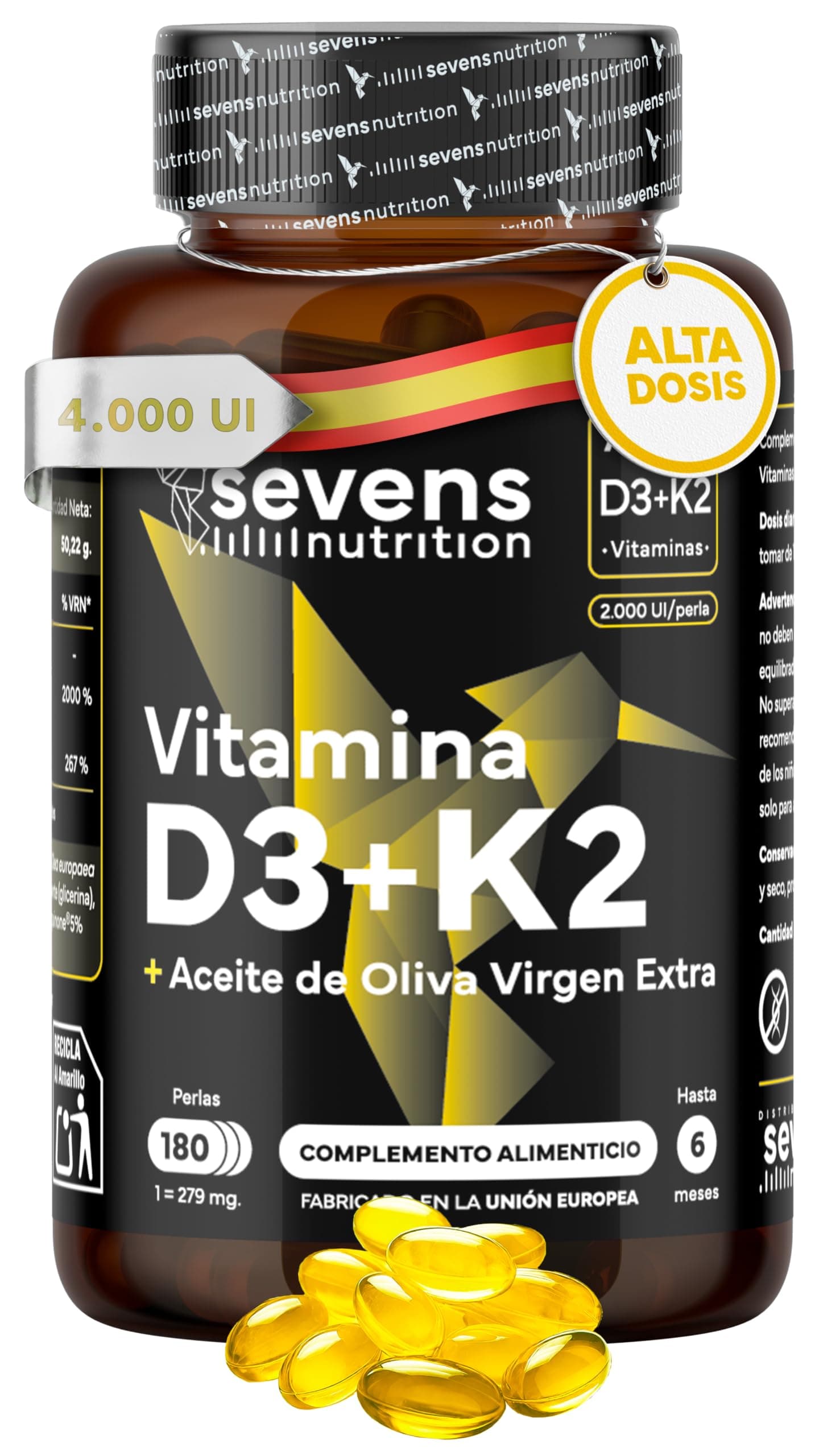 SEVENS NUTRITION Vitamina D3 y K2 4000 UI + 200 µg de Vitamina K2 MK7 con