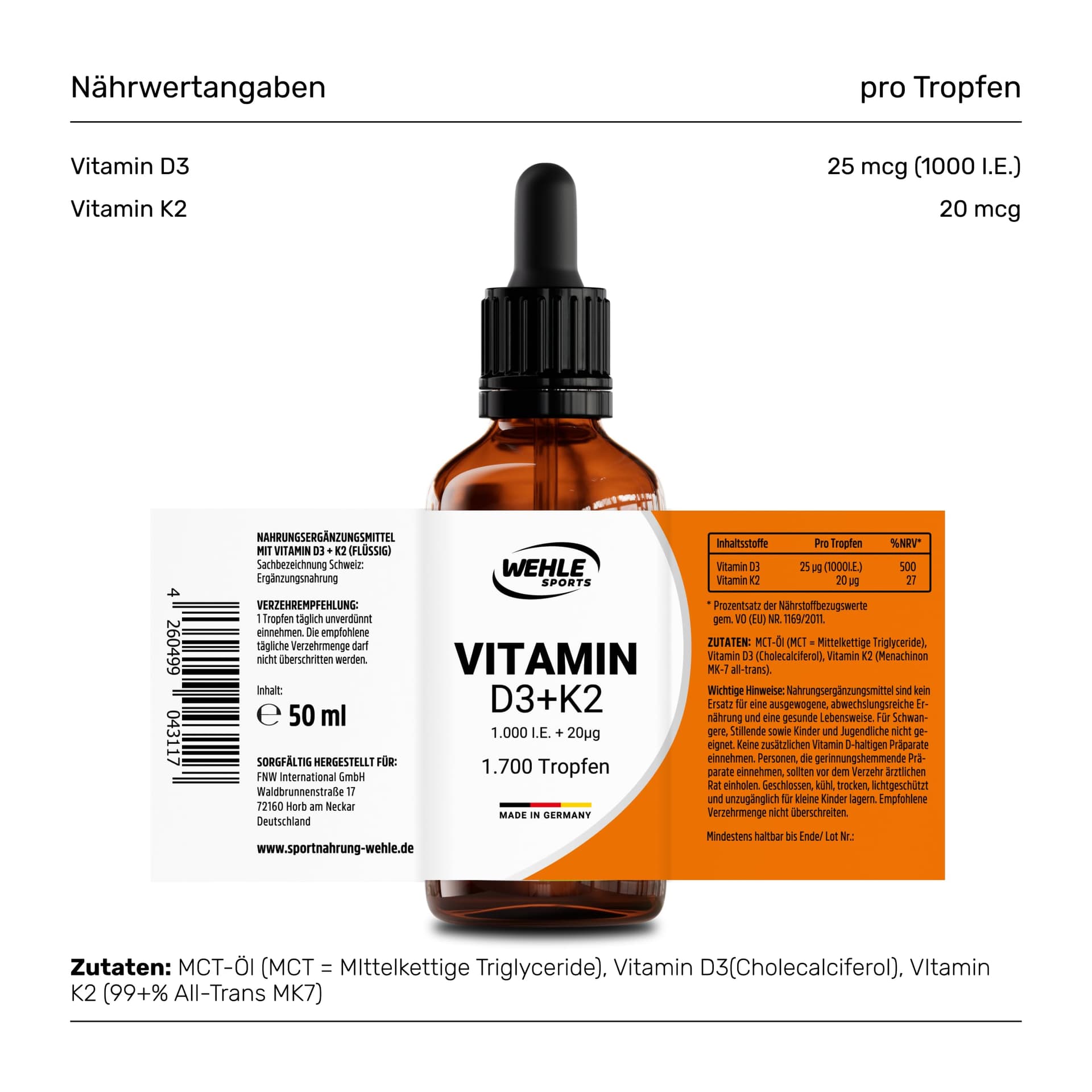 Wehle Sports Vitamin D3 K2 Tropfen Hochdosiert [1000 IE] – Bild 2