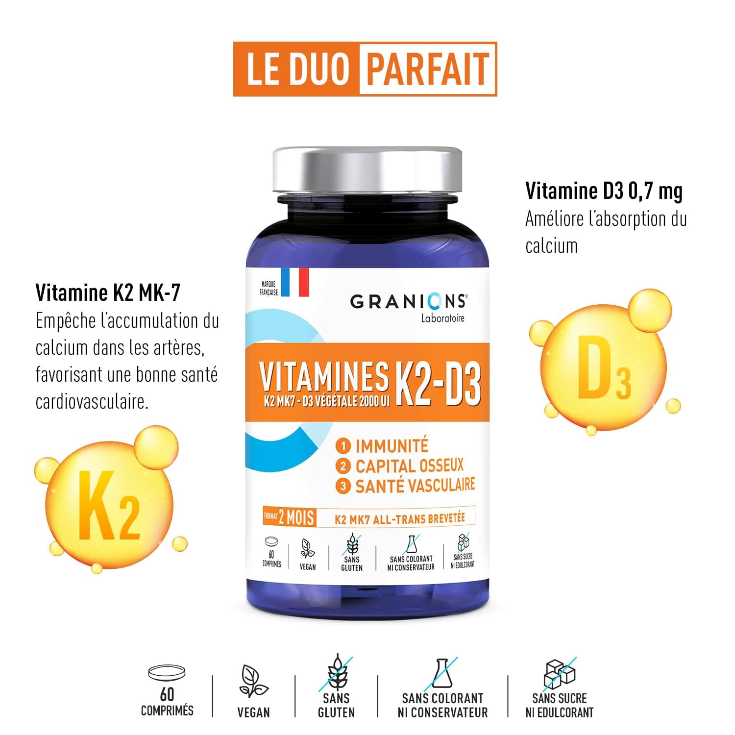 Granions VITAMINE D3 K2 MK7 - Vitamine D3 2000 UI + K2 200 mg – Bild 2