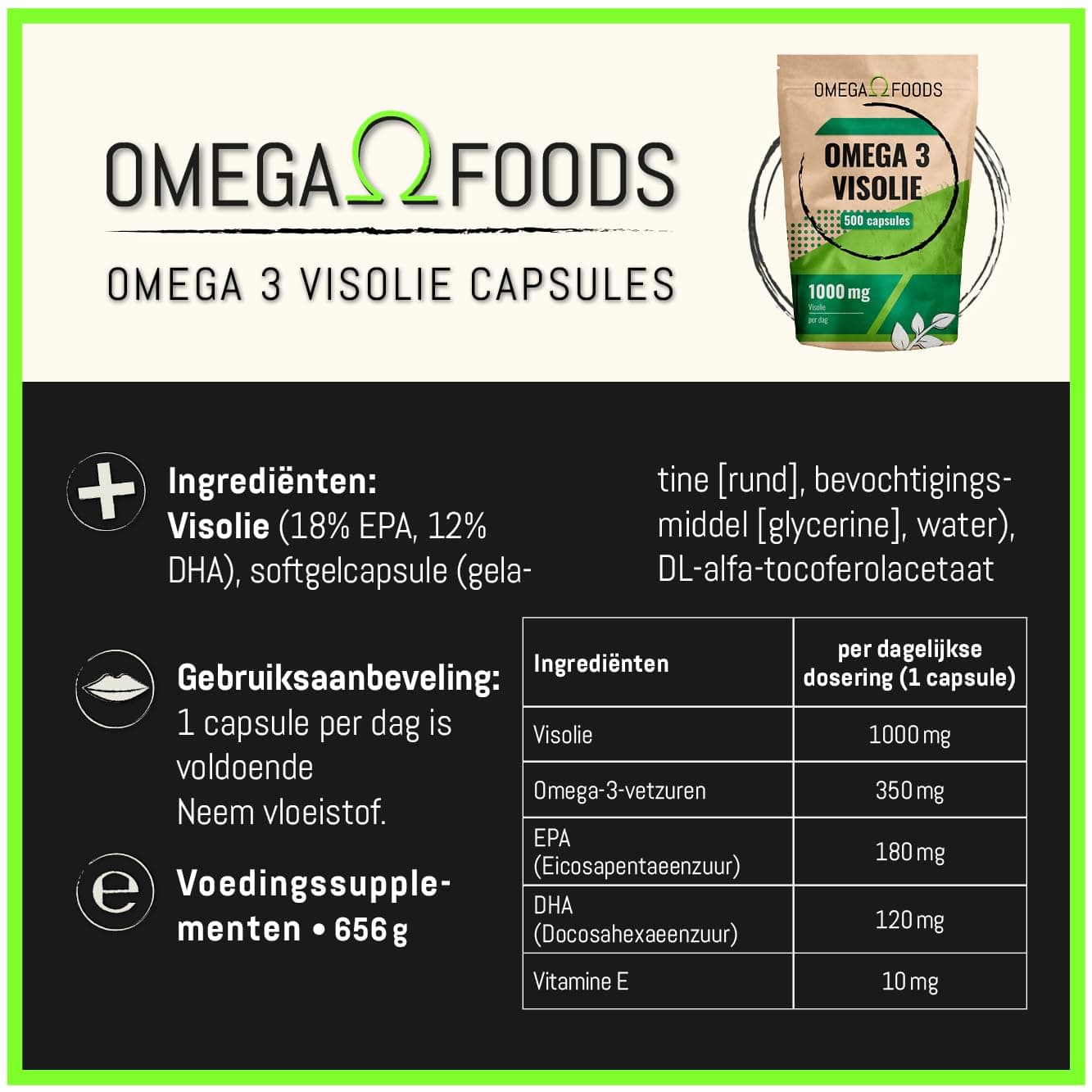 OMEGA FOODS Omega 3 Visolie 500 visoliecapsules sterk gedoseerd en super kwaliteit - 1000 mg – Bild 2