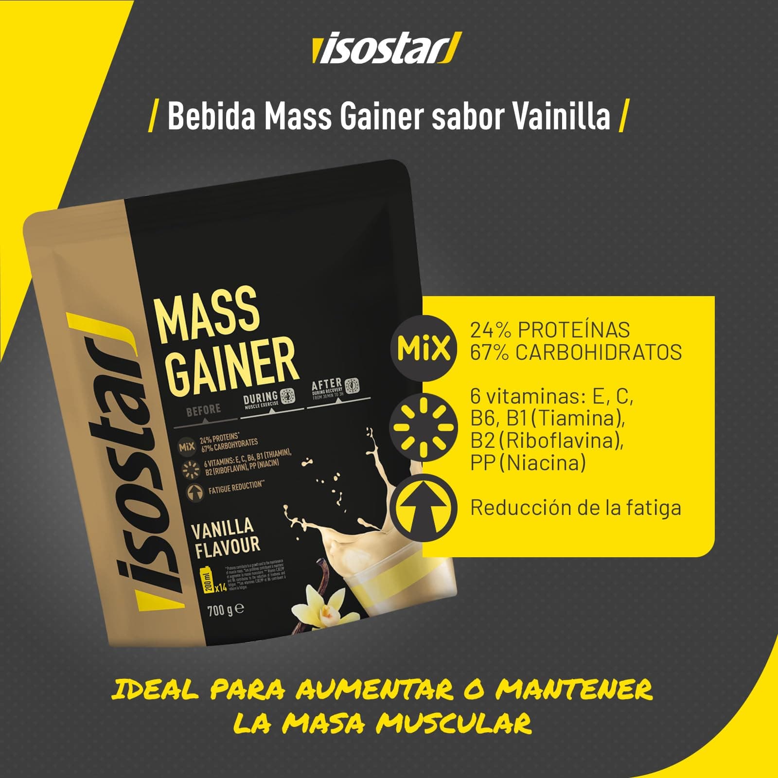 Isostar Mass Gainer Poudre pour Boisson Hyperprotéinée, Vanille, 700 g – Bild 2