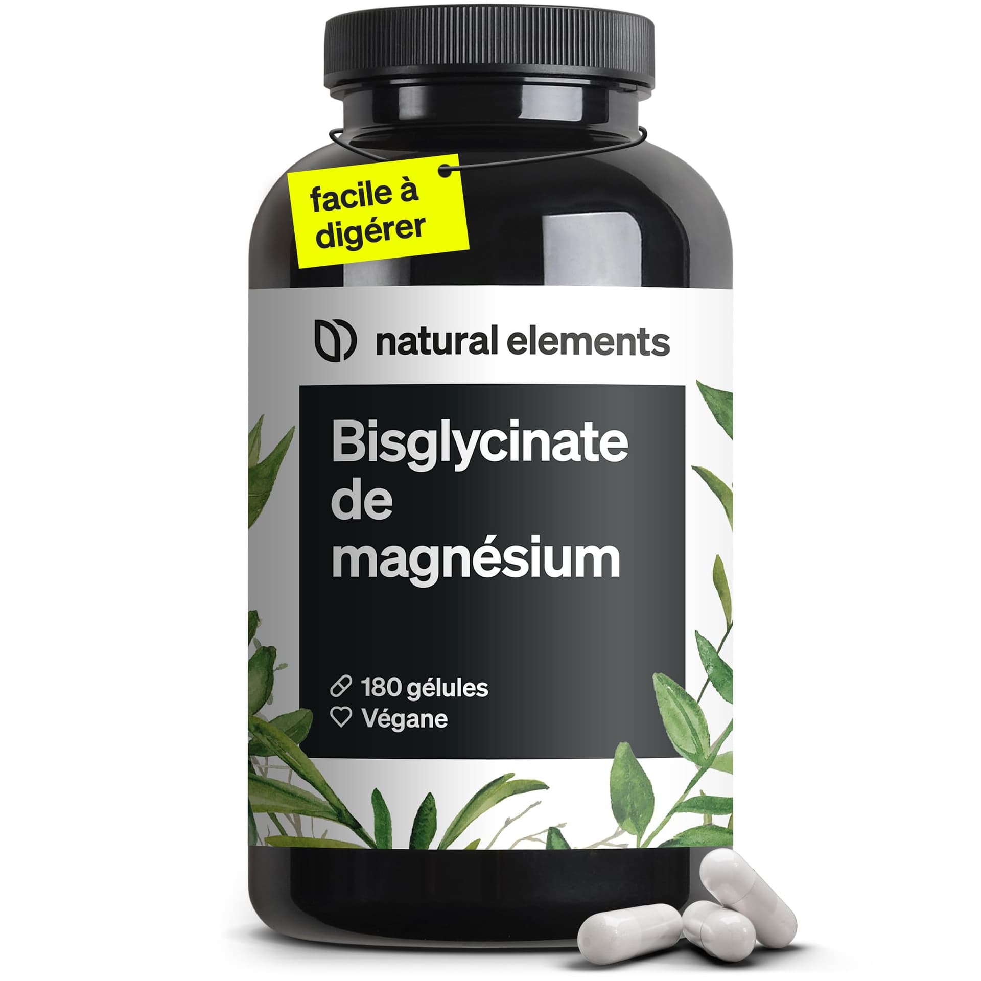 Natural Elements Magnésium Bisglycinate – 300 mg de magnésium élémentaire/dose journalière – 180 g