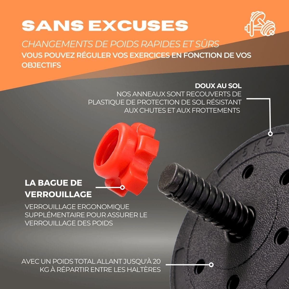 Mobiclinic ® fitness, Mancuernas ajustables, 2 en 1, Extenfit, Peso de 2-20 kg – Bild 7