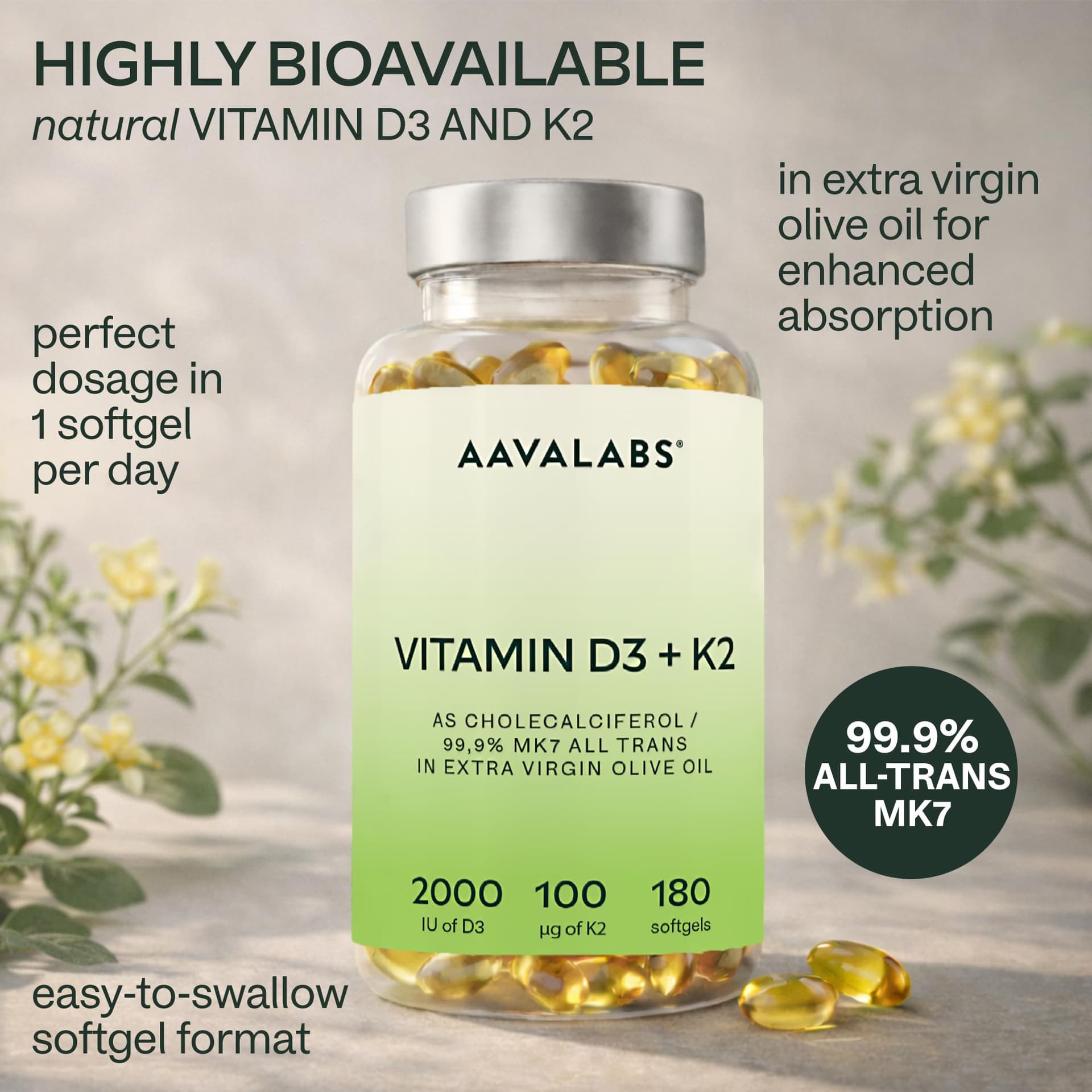 AAVALABS Vitamin D3 K2 MK7 (99.9% All-Trans) with Extra Virgin Olive – Bild 2