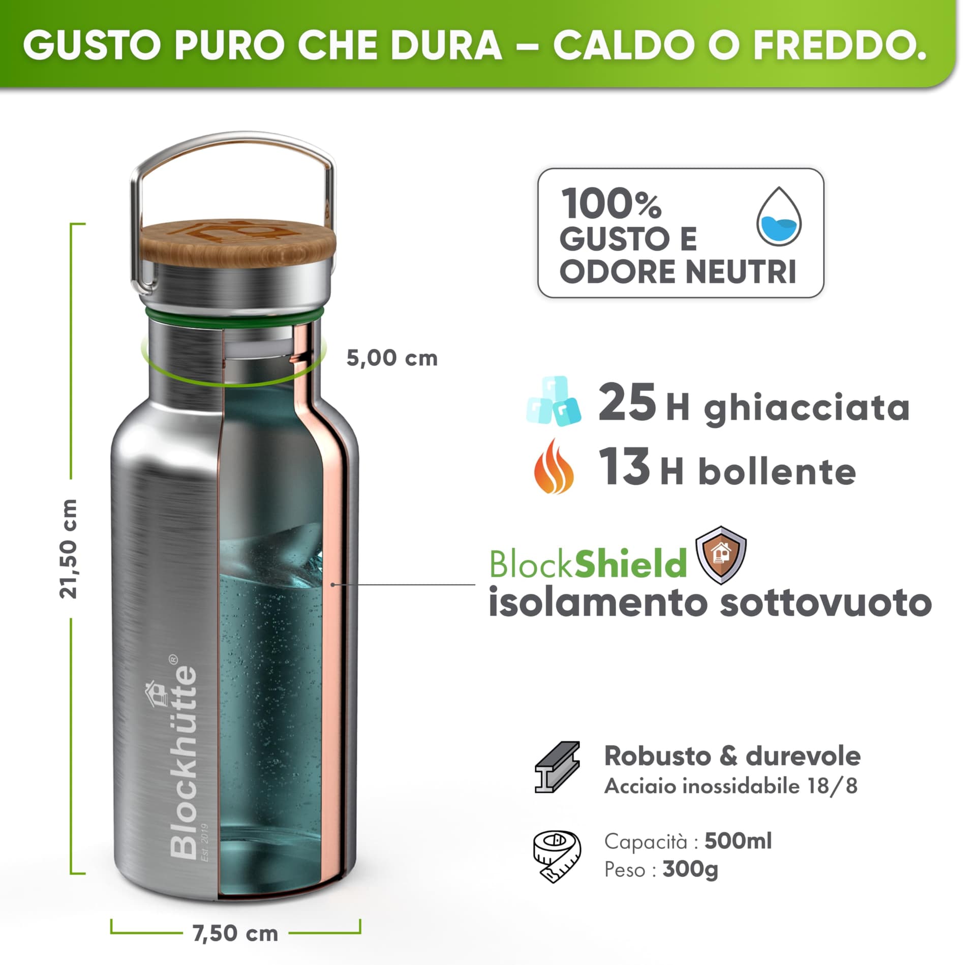 Blockhütte Premium Edelstahl Trinkflasche isoliert I 500ml – Bild 3