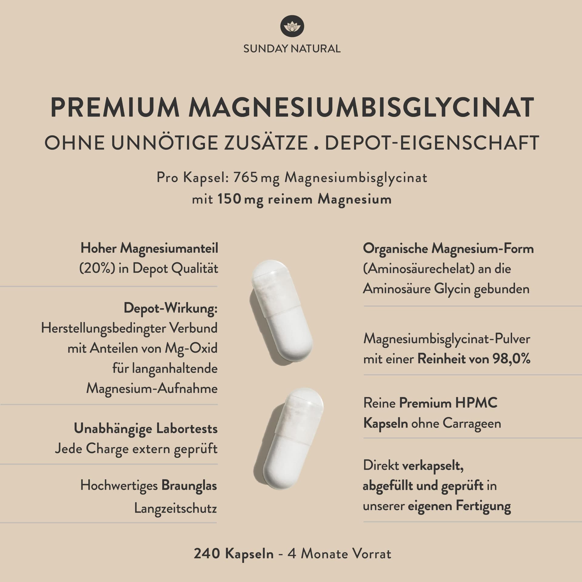 SUNDAY NATURAL® Magnesium Bisglycinat - 240 Kapseln – Bild 2