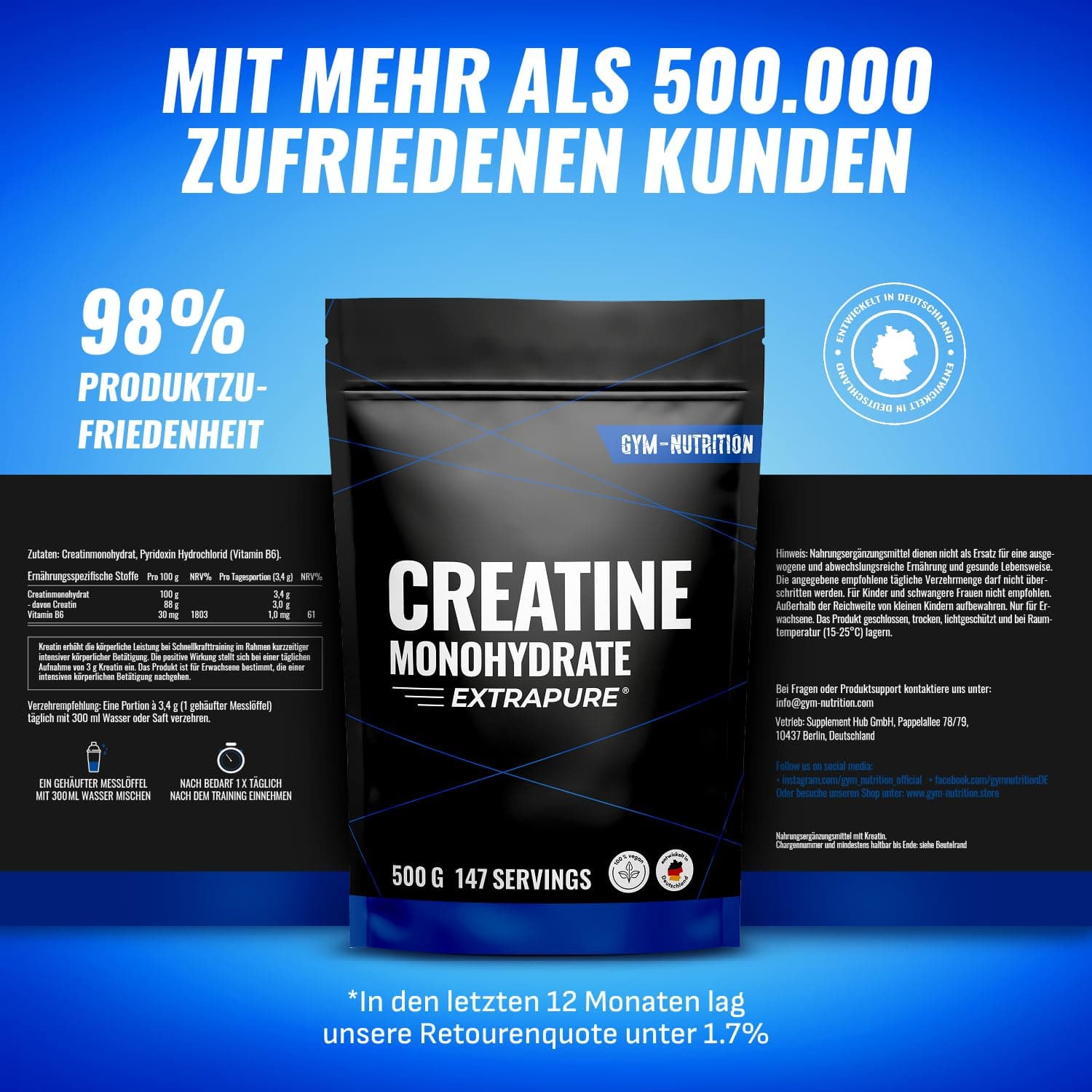 Gym Nutrition Creatin Monohydrat Pulver 500g – Bild 3