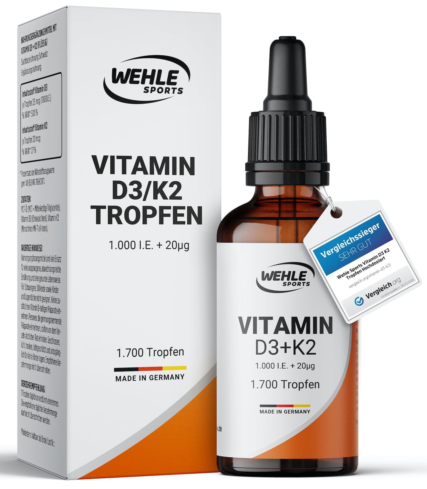 Wehle Sports Vitamin D3 K2 Tropfen Hochdosiert [1000 IE]