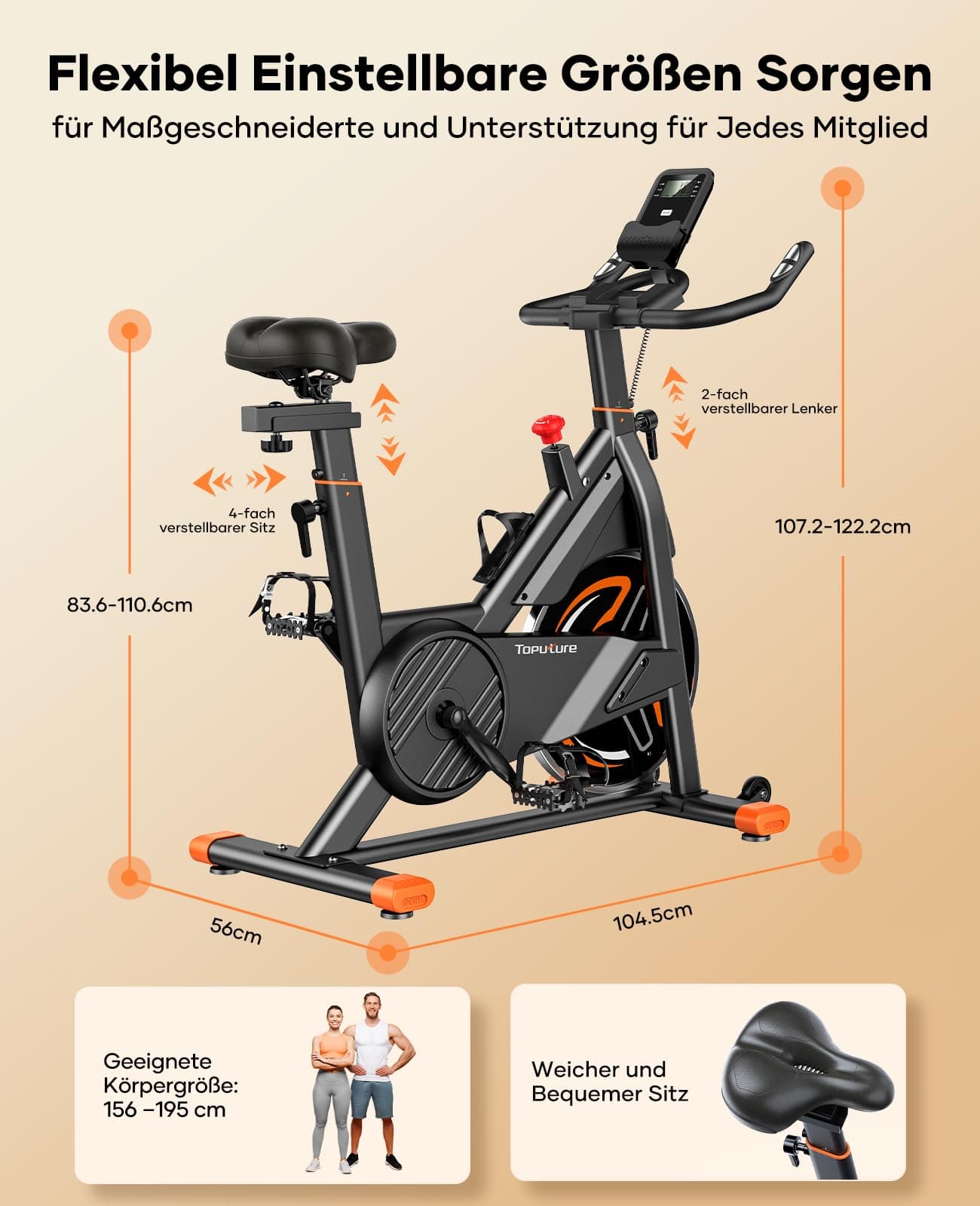 Toputure Neu Toputure Heimtrainer Fahrrad mit Pulsmessung und APP – Bild 7