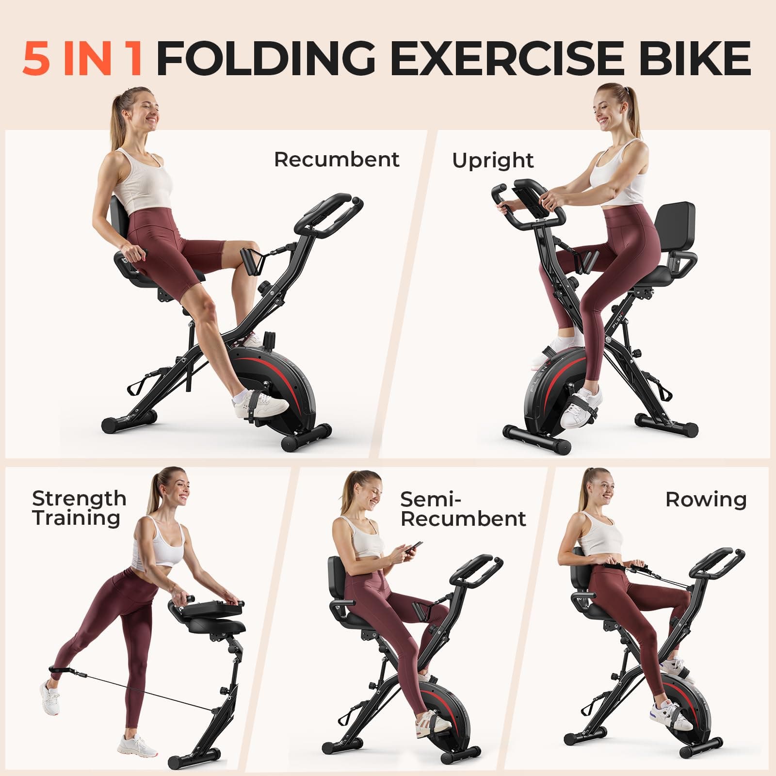 PLENY Folding Exercise Bike, 5 IN 1 Stationary Bikes for Home 6.6 LBS – Bild 3