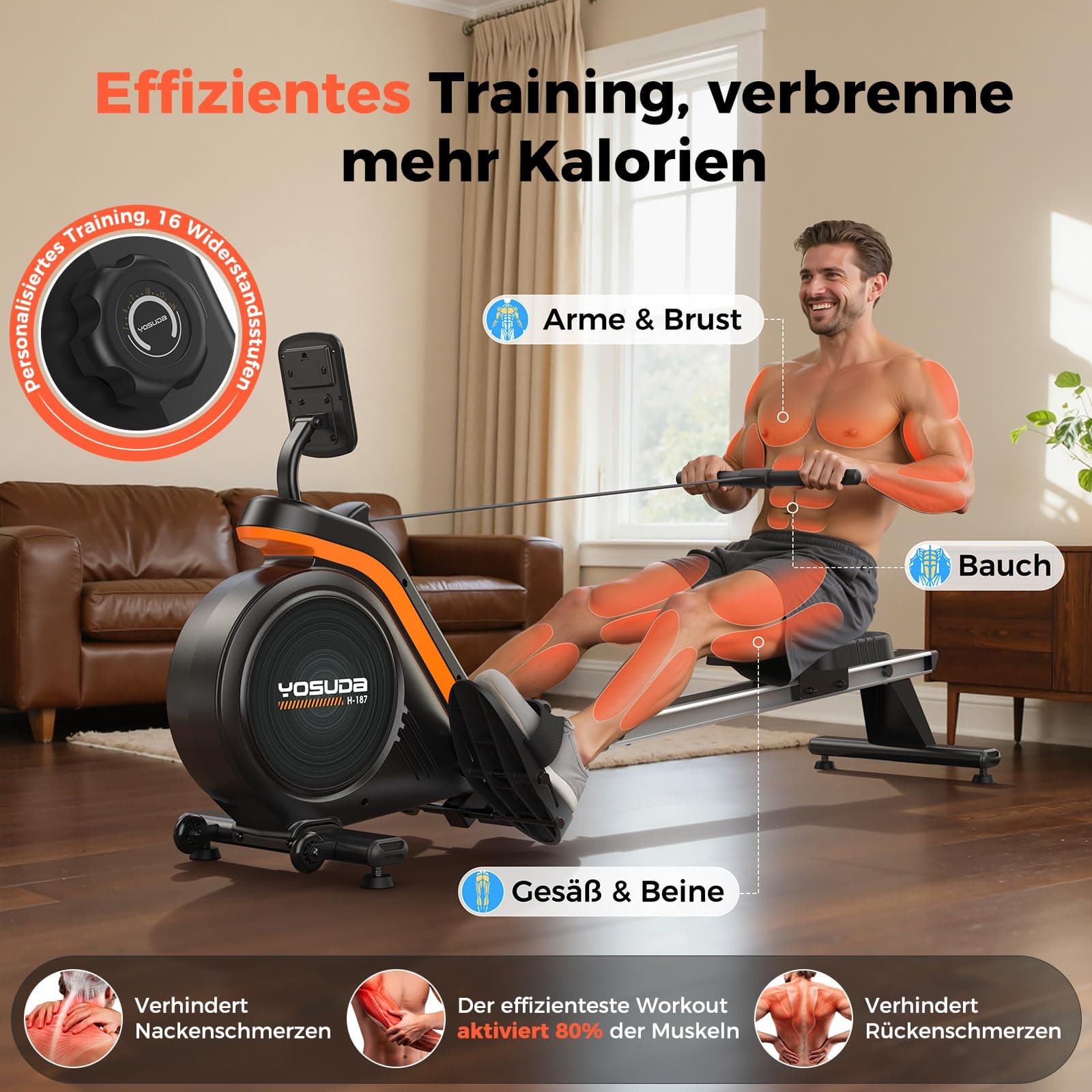 YOSUDA Rudergerät Zuhause, 16 Dynam. Widerstand, für Große bis 181kg – Bild 6