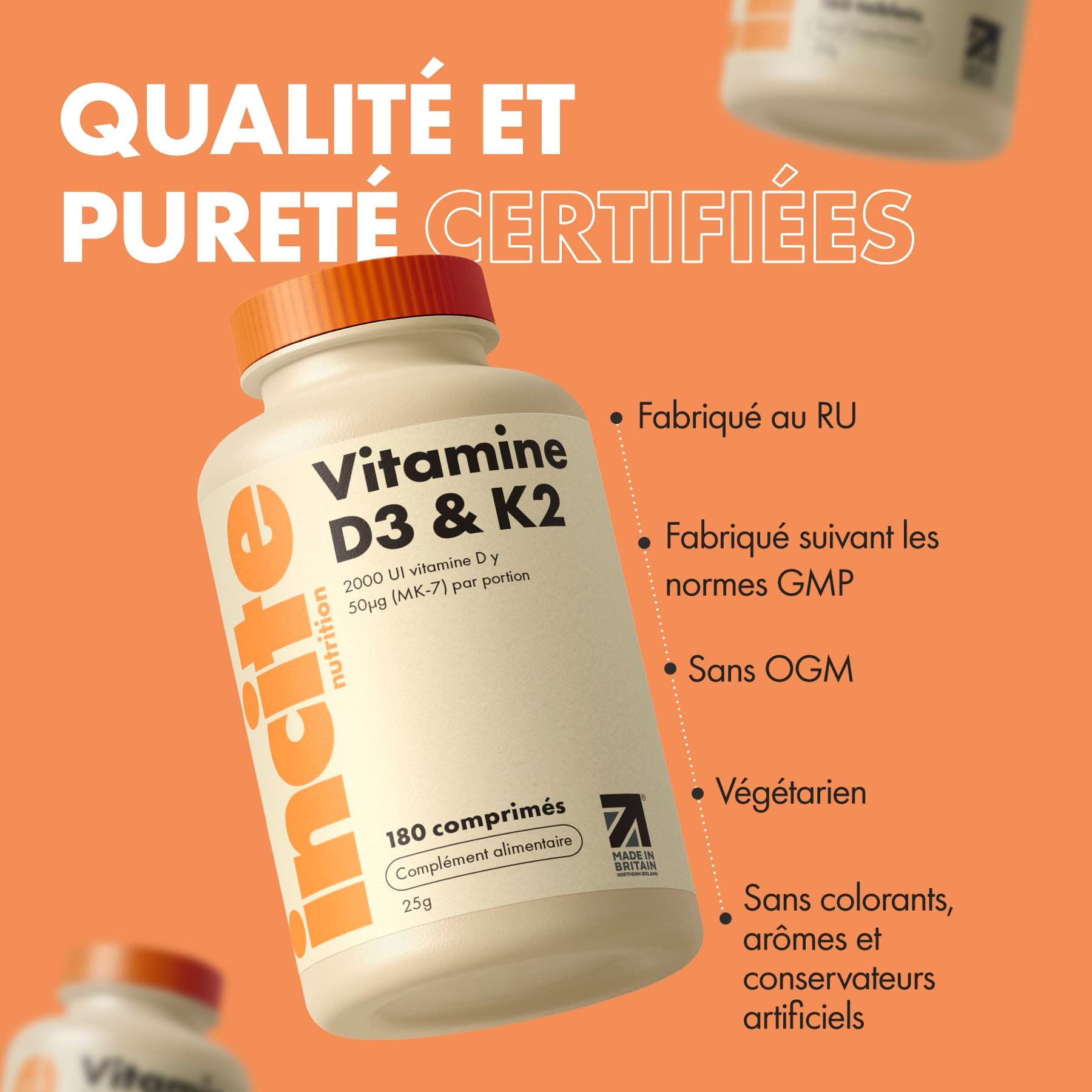 Incite Nutrition Vitamine D3 2000 UI + K2 (MK7) 100 µg – 180 Comprimés – Bild 5
