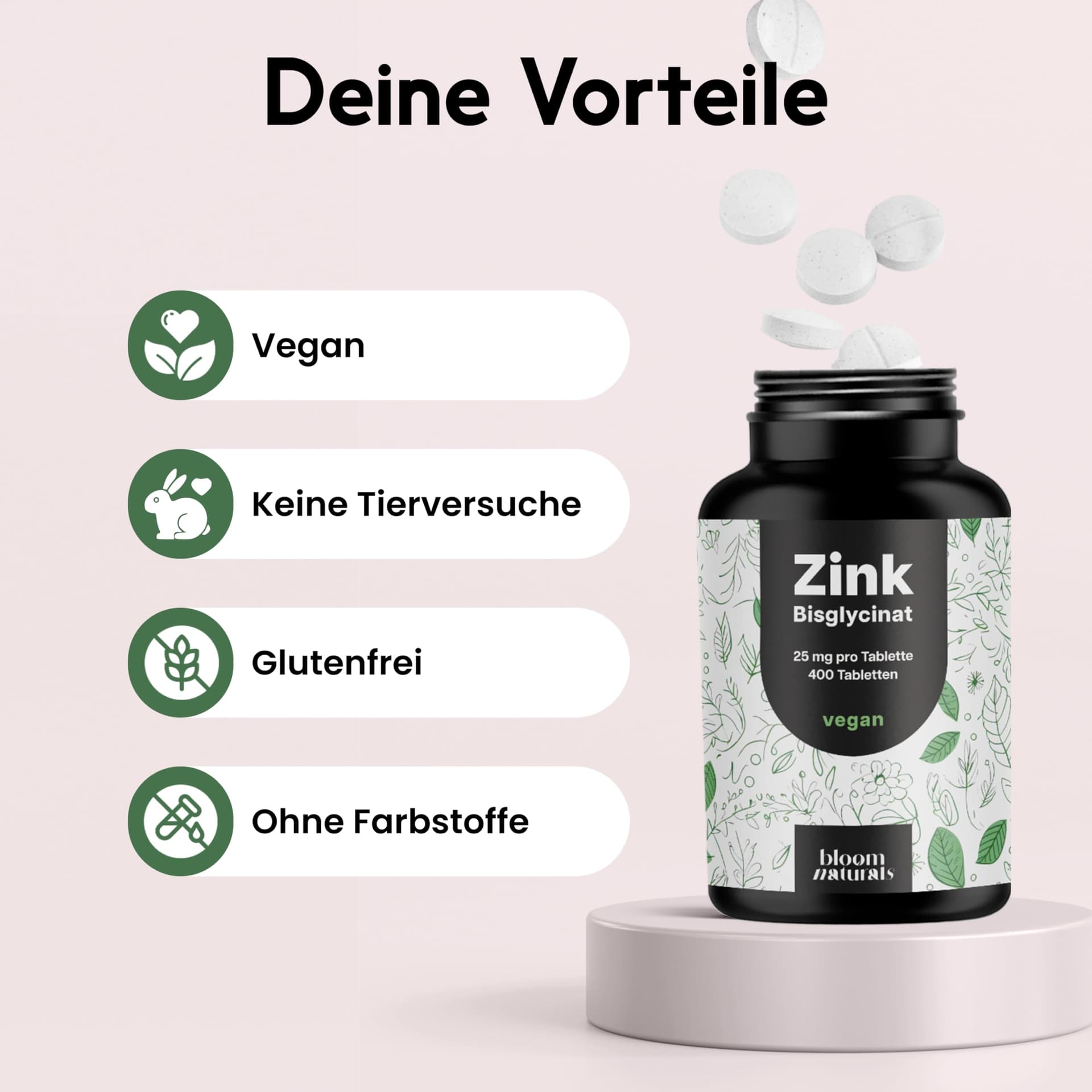 Bloom Naturals Beauty Supplements Zink Tabletten hochdosiert 25mg - 400 Tabletten – Bild 4