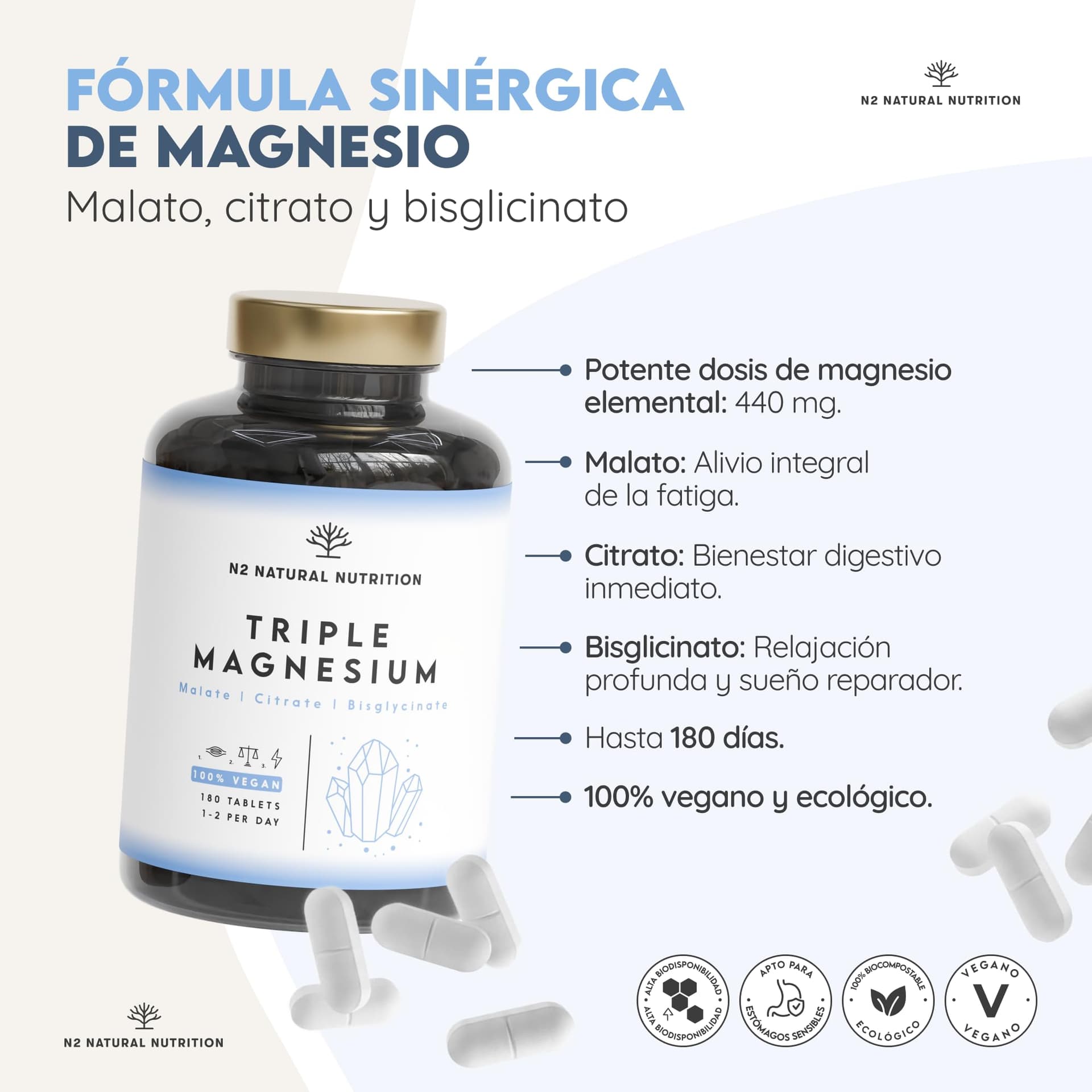 N2 Natural Nutrition Citrato de Magnesio 1440mg + Magnesio Bisglicinato 600mg + – Bild 2
