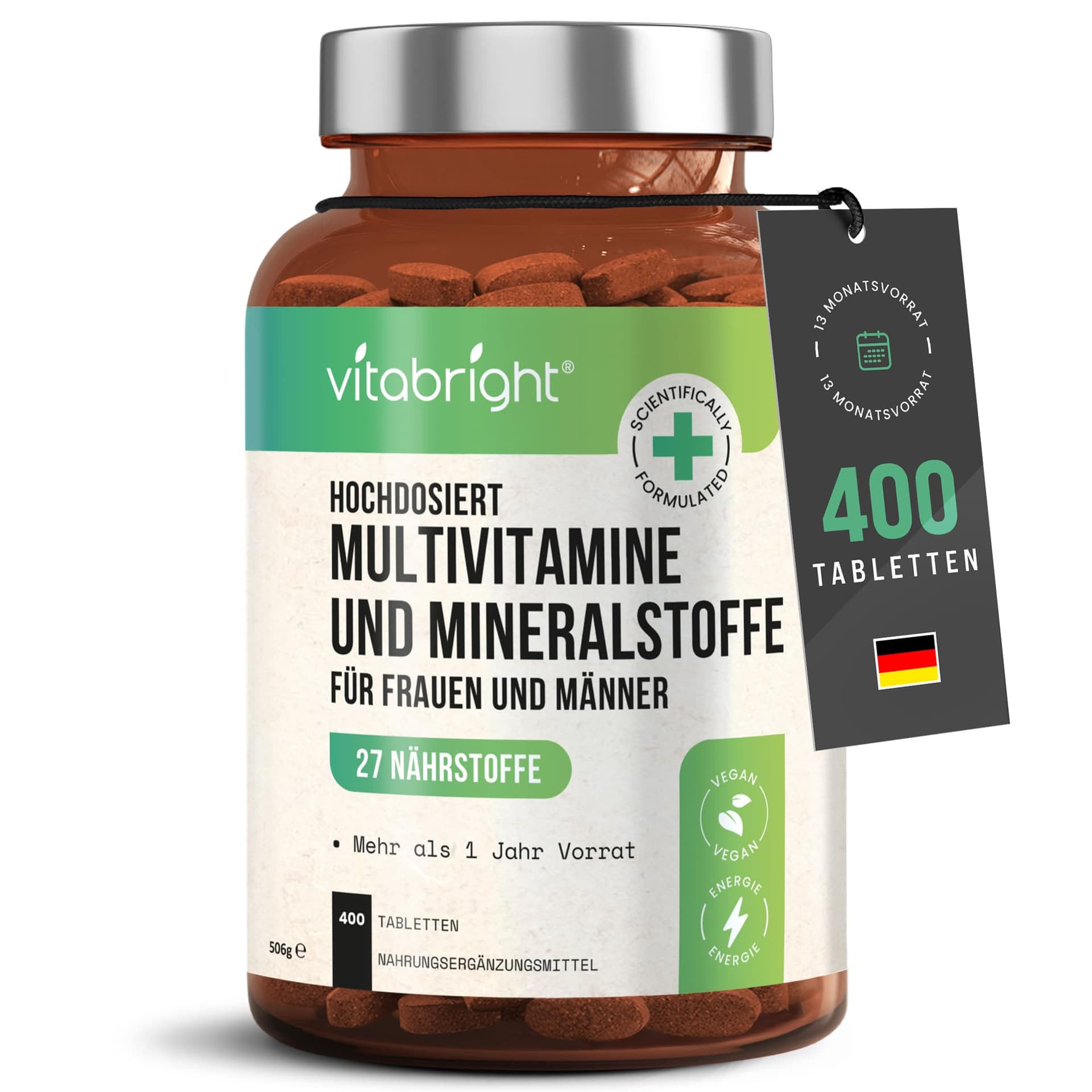 VitaBright Multivitamin Tabletten Hochdosiert | 27 Vitamine & Mineralstoffe A–Z | 400 Tabletten