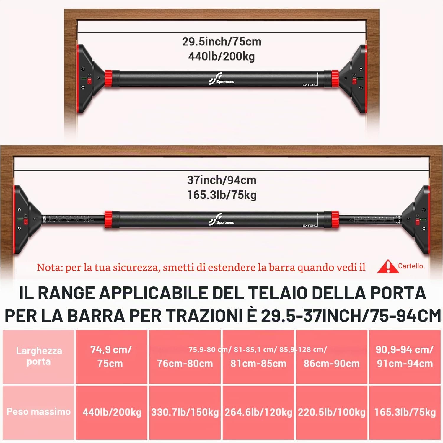 Sportneer Klimmzugstange Türrahmen, Pull Up Bar Tragkraft bis 200 Kg – Bild 3
